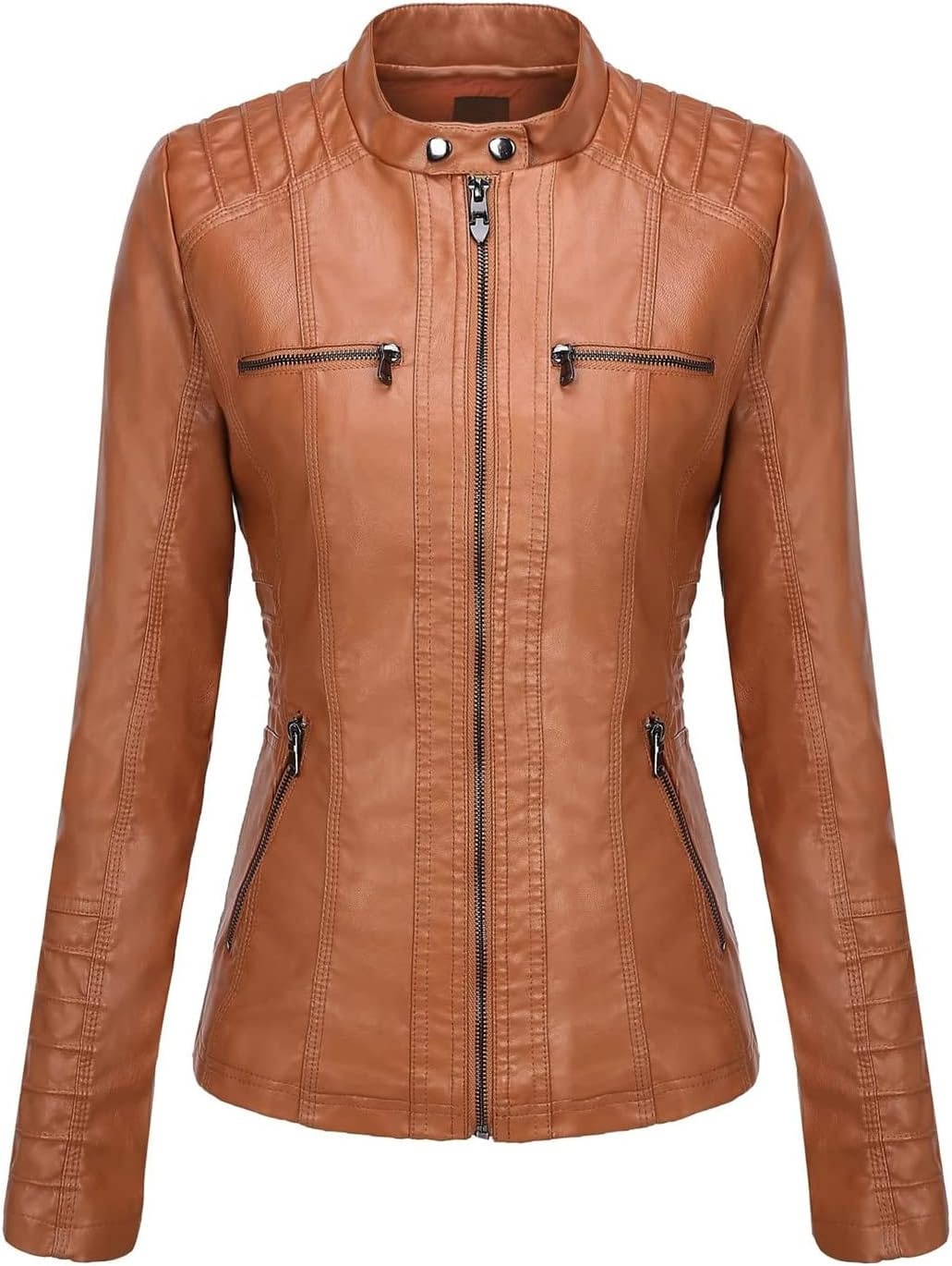 image:imageSpringrain Womens Faux Leather Jacket Moto Biker Coat for Fall and WinterBrown