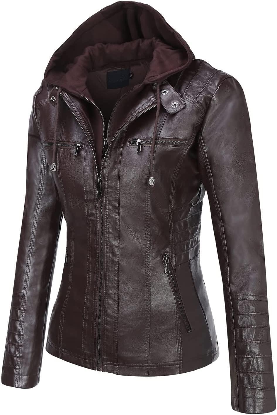 image:imageSpringrain Womens Faux Leather Jacket Moto Biker Coat for Fall and WinterCoffee