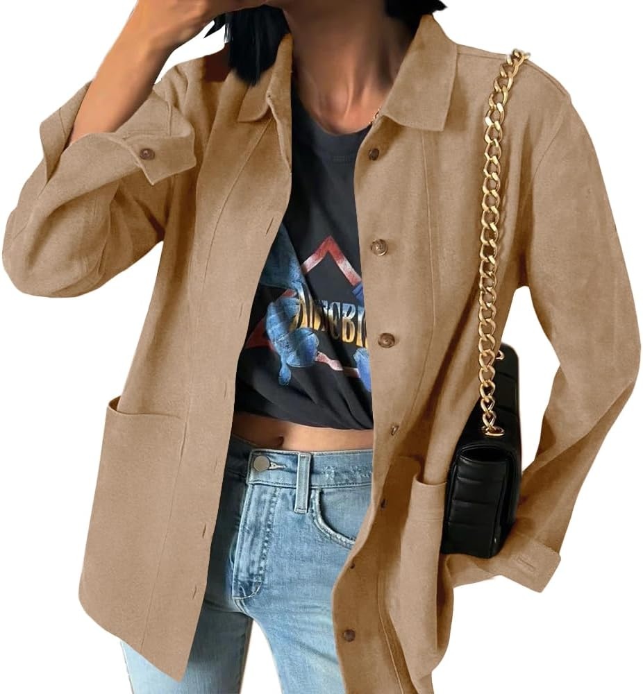 image:imageTankaneo Womens Faux Suede Jackets Long Sleeve Fall Oversized CoatCamel