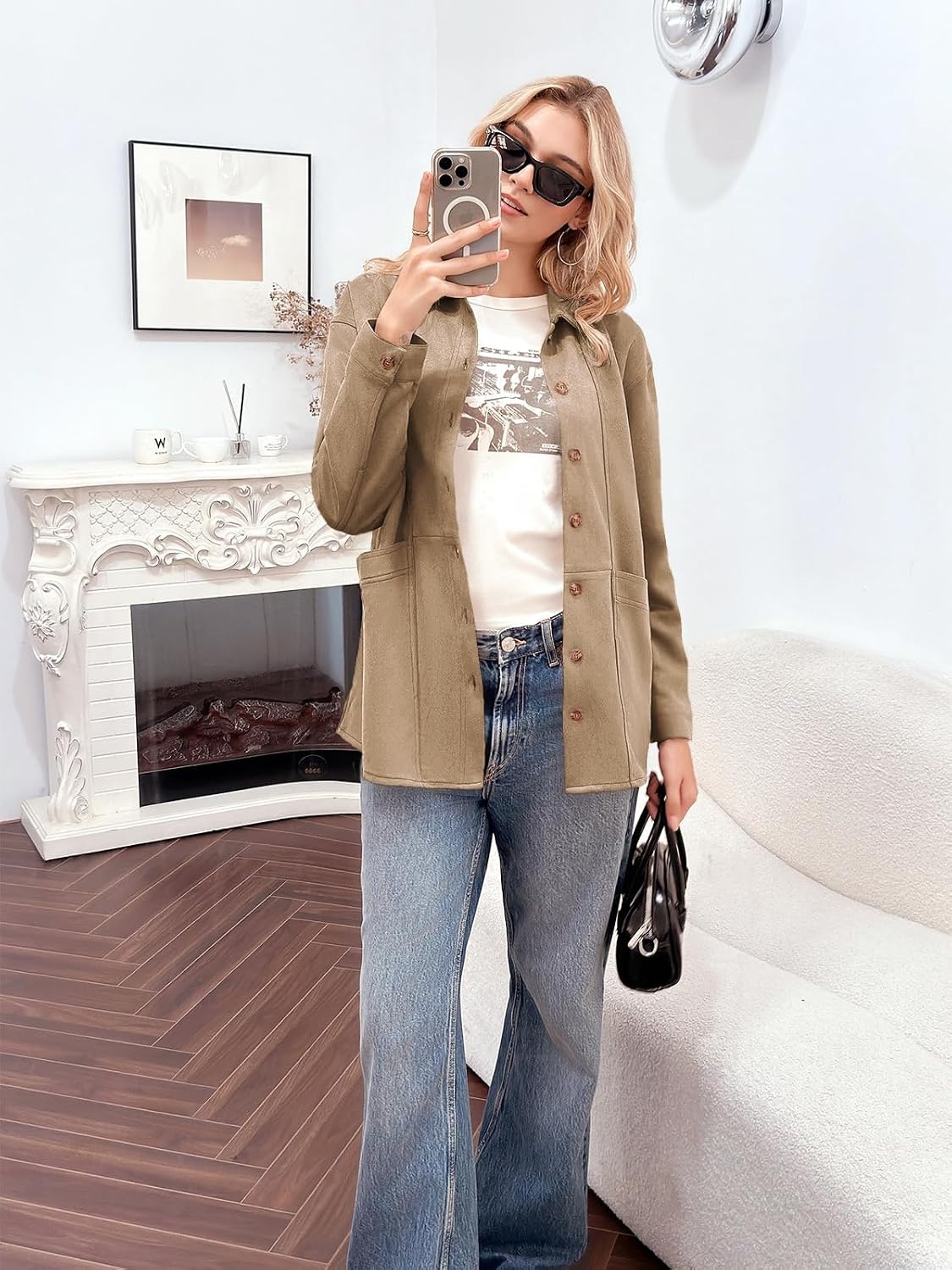 image:imageTankaneo Womens Faux Suede Jackets Long Sleeve Fall Oversized CoatCamel