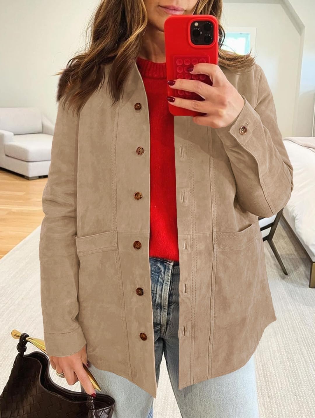 image:imageTankaneo Womens Faux Suede Jackets Long Sleeve Fall Oversized CoatCamel