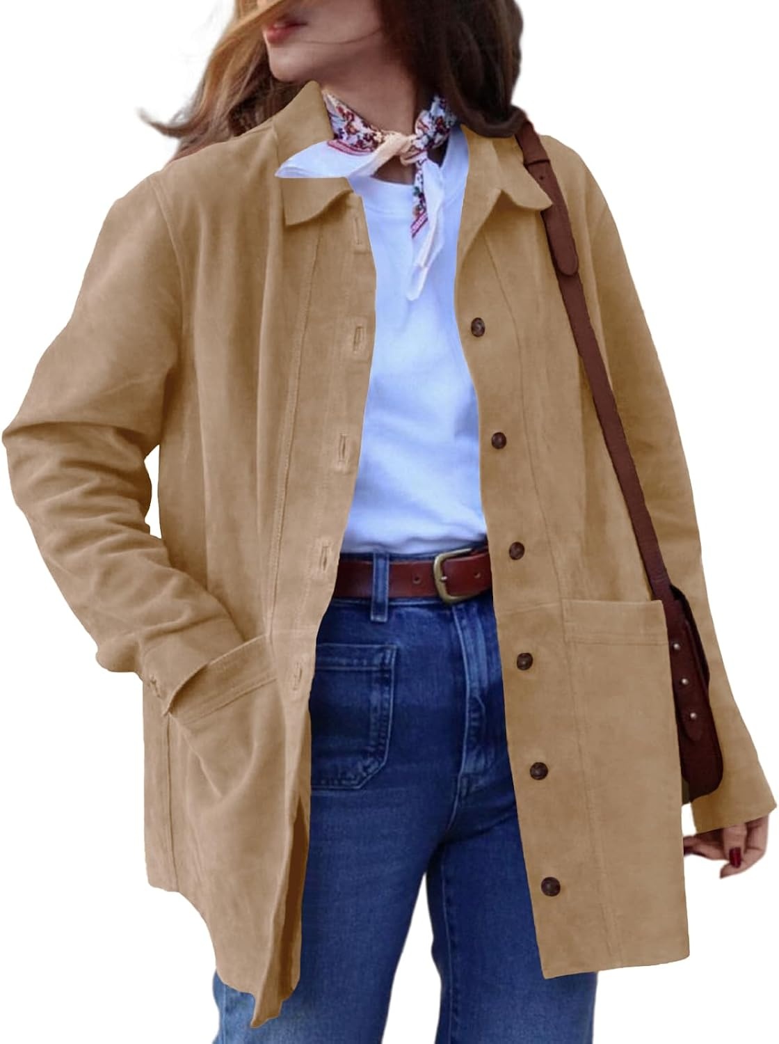 image:imageTankaneo Womens Faux Suede Jackets Long Sleeve Fall Oversized CoatCamel