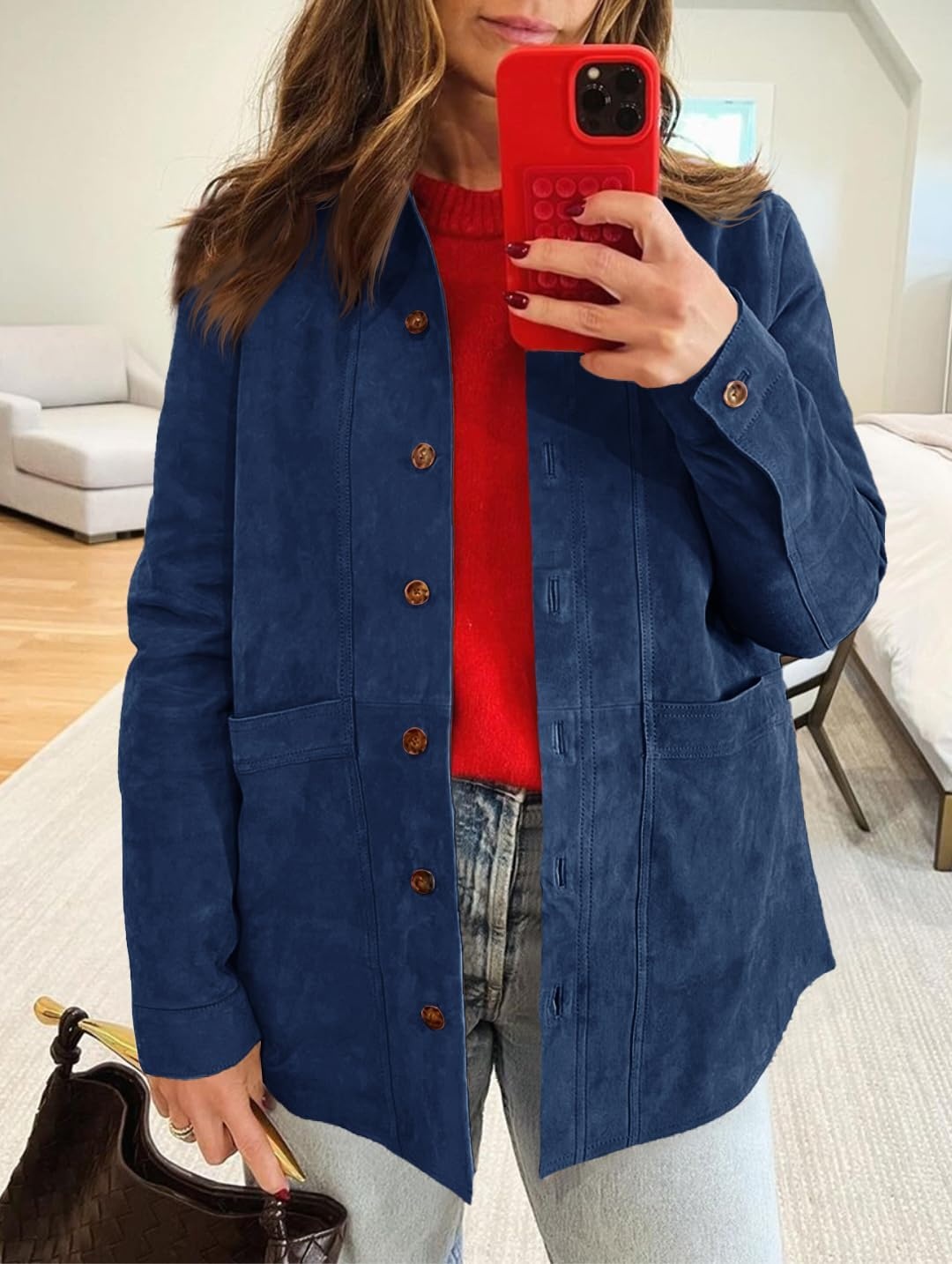 image:imageTankaneo Womens Faux Suede Jackets Long Sleeve Fall Oversized CoatNavy Blue