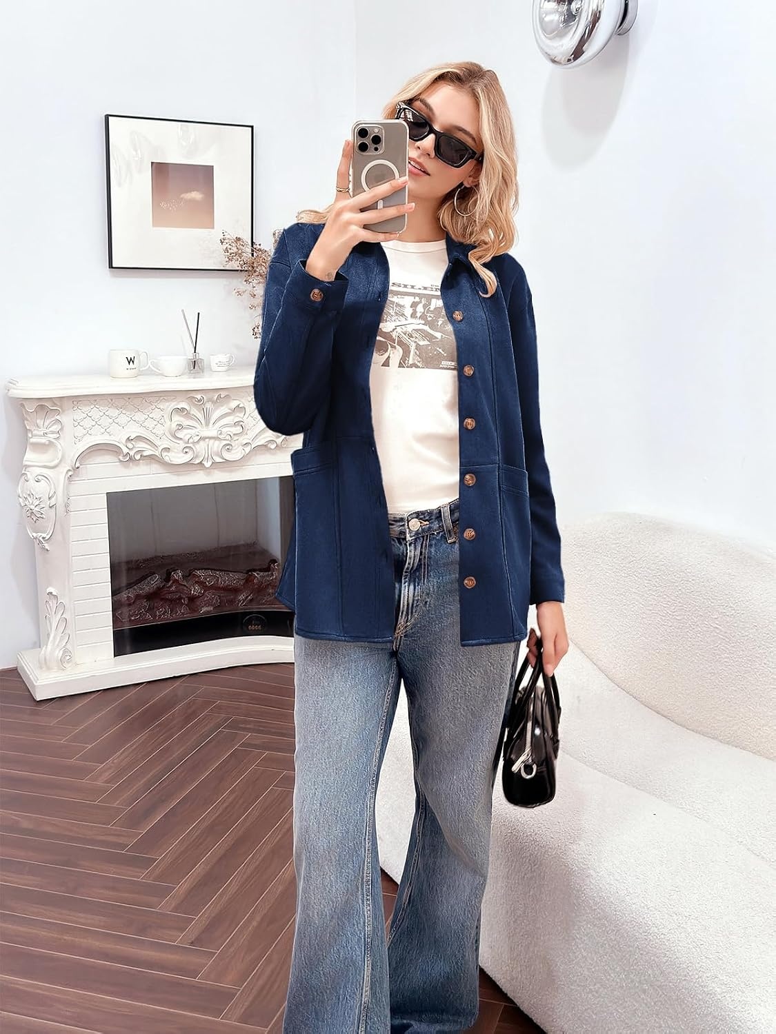 image:imageTankaneo Womens Faux Suede Jackets Long Sleeve Fall Oversized CoatNavy Blue