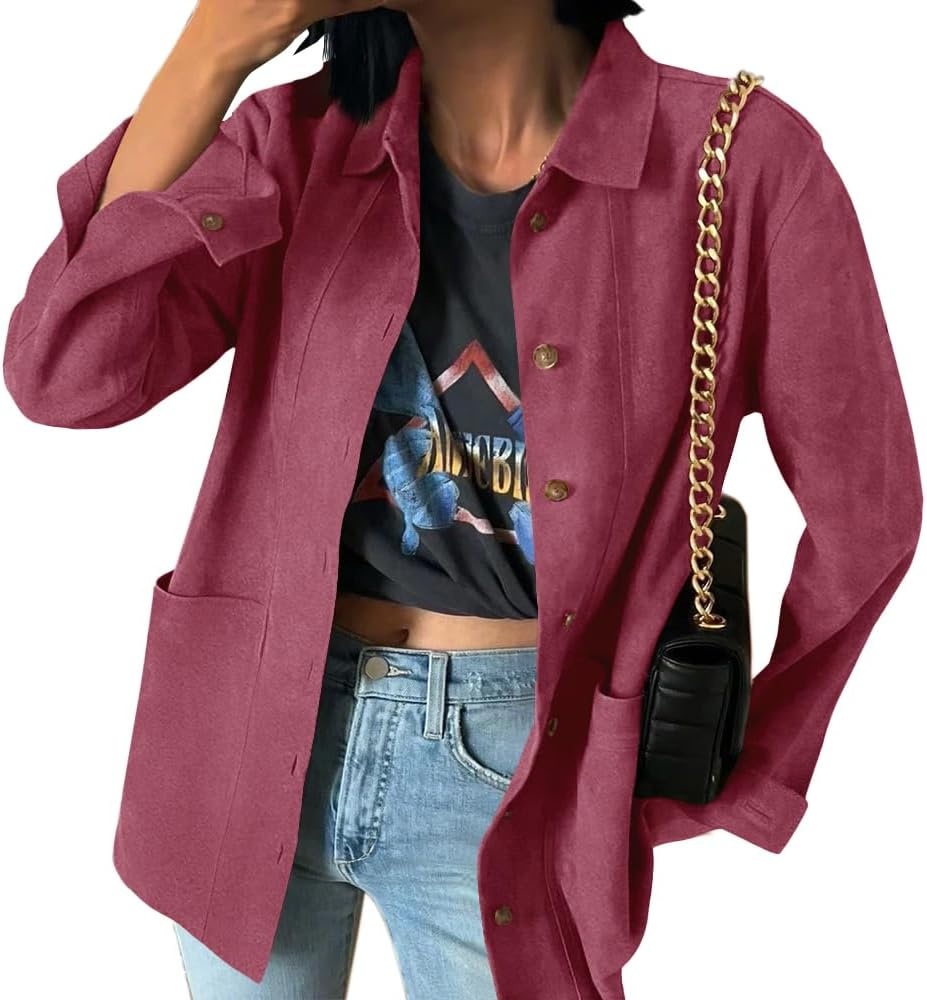 image:imageTankaneo Womens Faux Suede Jackets Long Sleeve Fall Oversized CoatWine Red