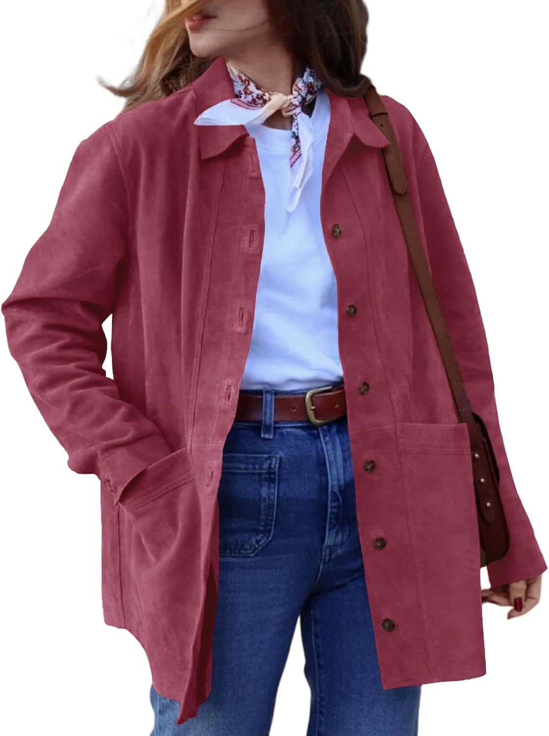 image:imageTankaneo Womens Faux Suede Jackets Long Sleeve Fall Oversized CoatWine Red