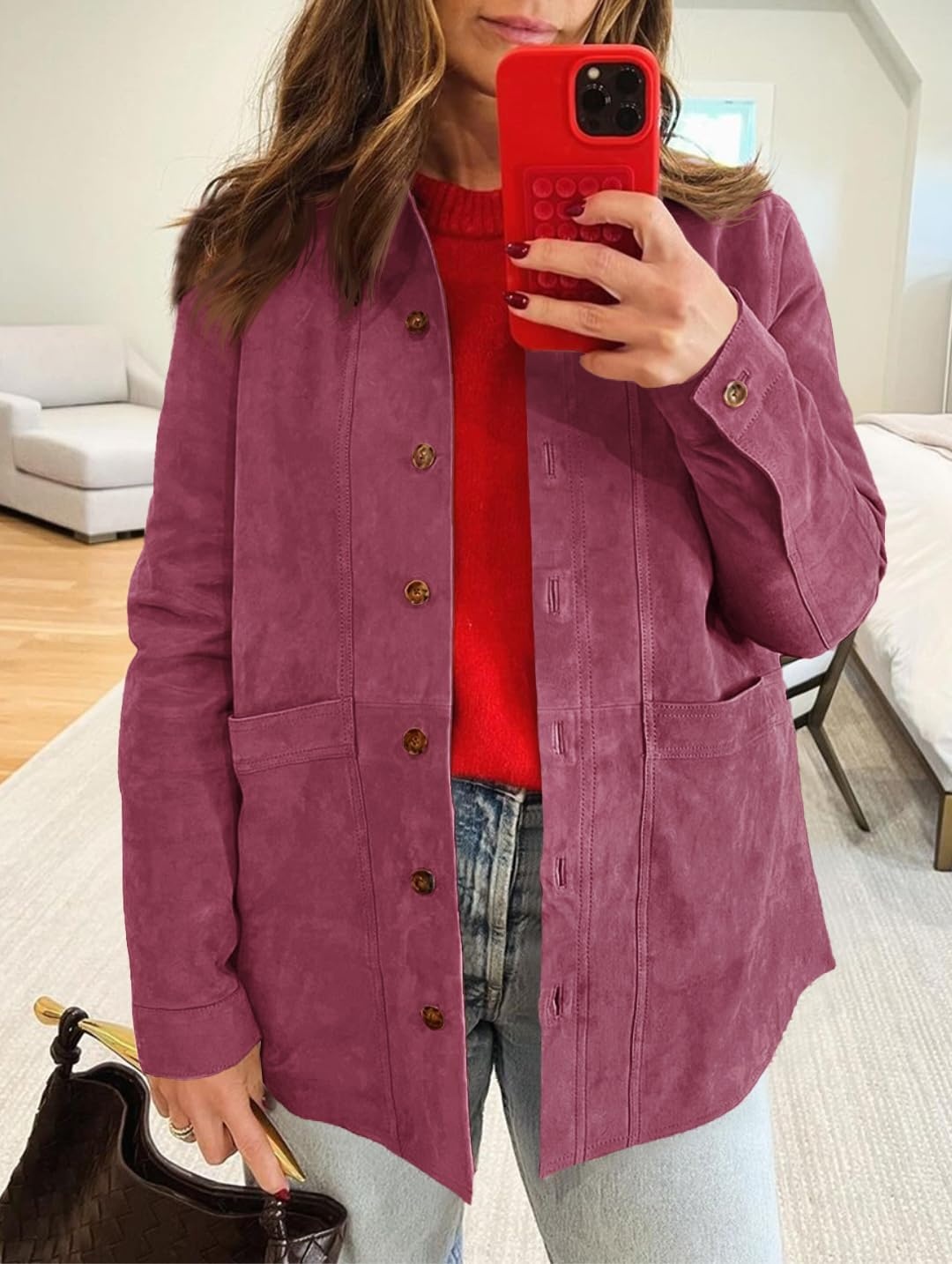 image:imageTankaneo Womens Faux Suede Jackets Long Sleeve Fall Oversized CoatWine Red