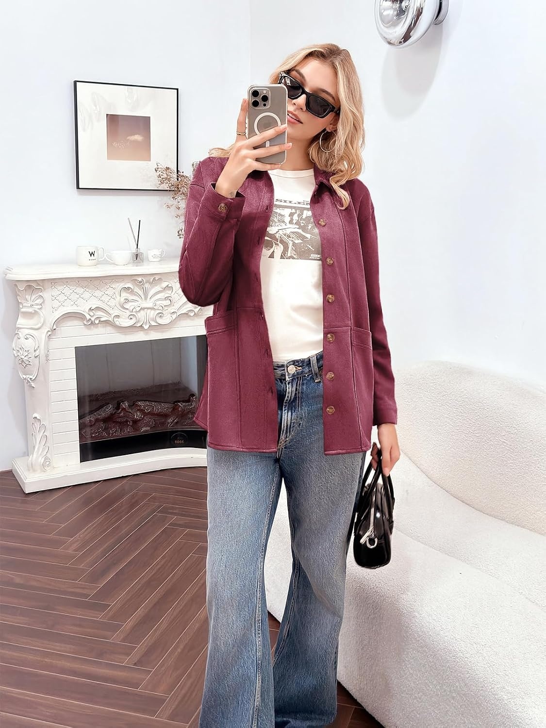 image:imageTankaneo Womens Faux Suede Jackets Long Sleeve Fall Oversized CoatWine Red
