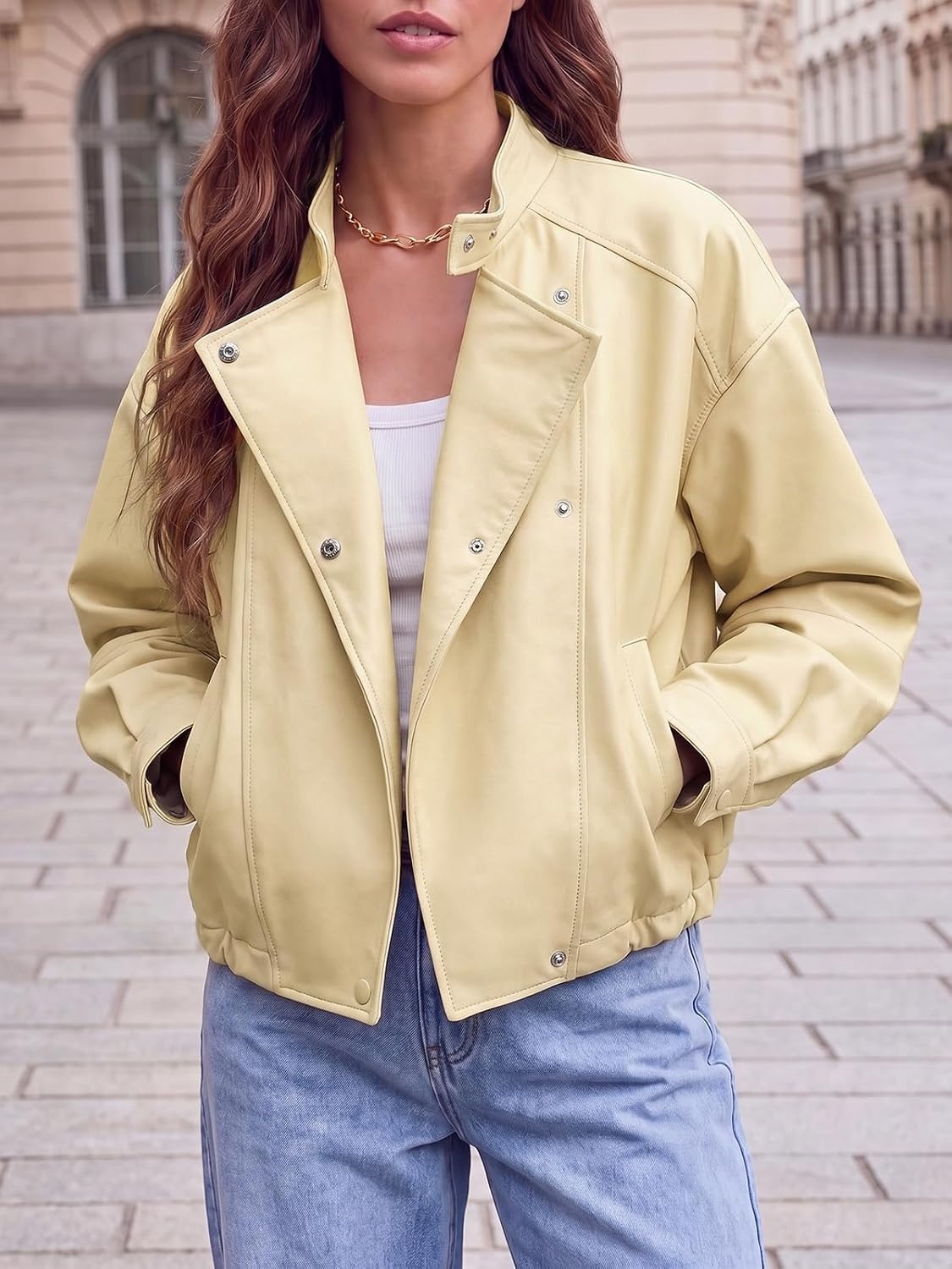 image:imageTankaneo Womens Oversized Faux Leather Jackets Motorcycle Cropped CoatsApricot
