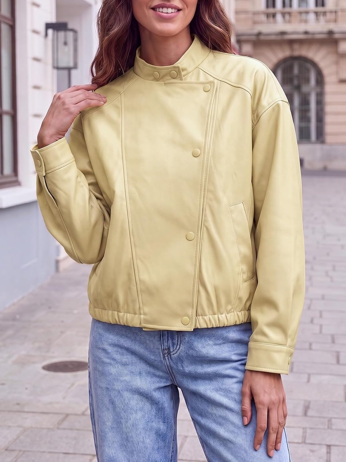 image:imageTankaneo Womens Oversized Faux Leather Jackets Motorcycle Cropped CoatsApricot
