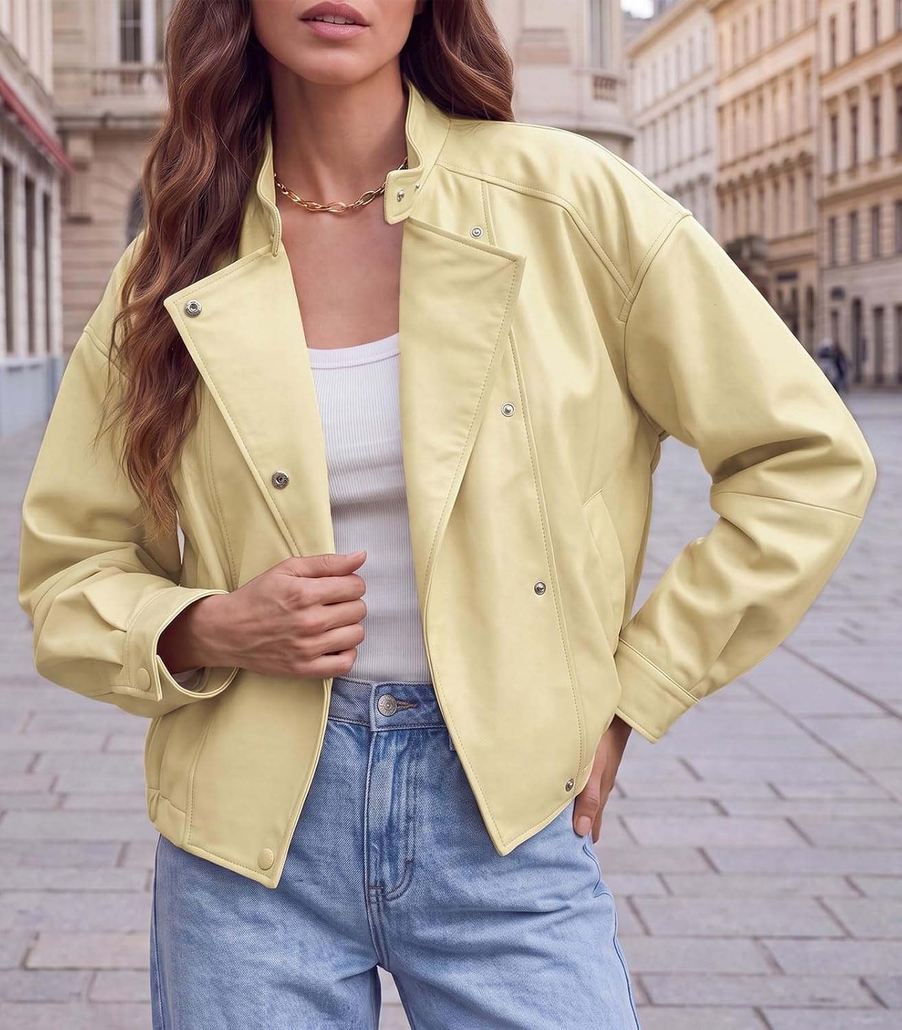 image:imageTankaneo Womens Oversized Faux Leather Jackets Motorcycle Cropped CoatsApricot