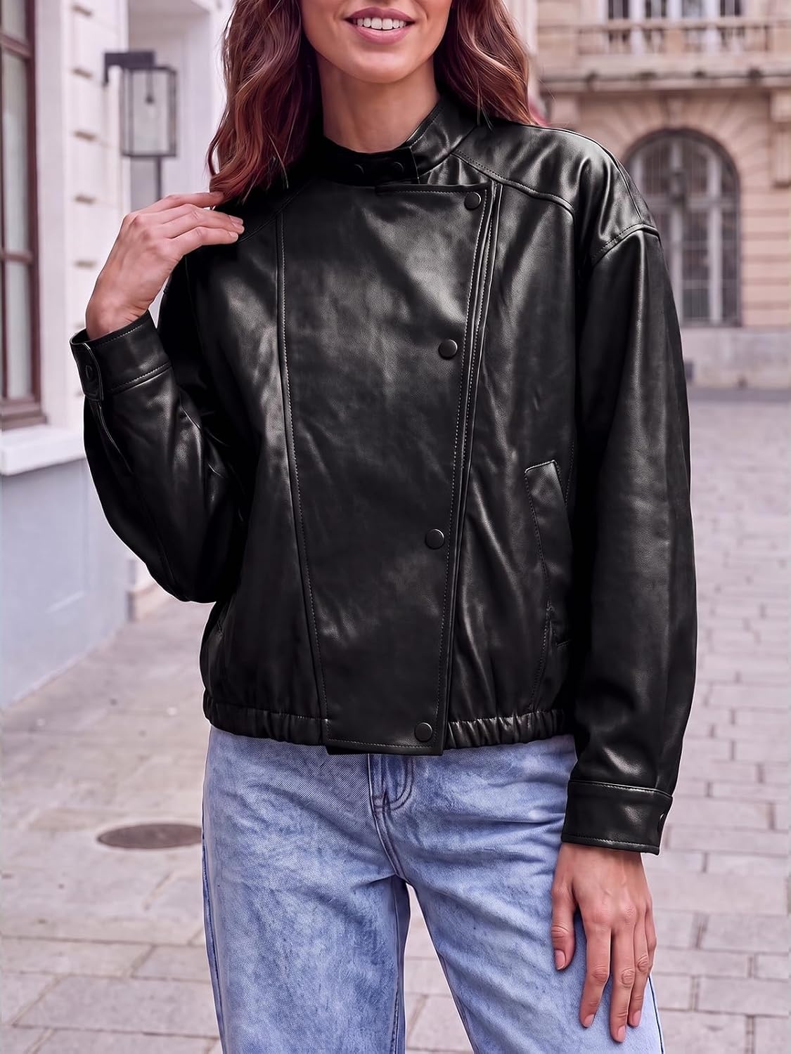 image:imageTankaneo Womens Oversized Faux Leather Jackets Motorcycle Cropped CoatsBlack