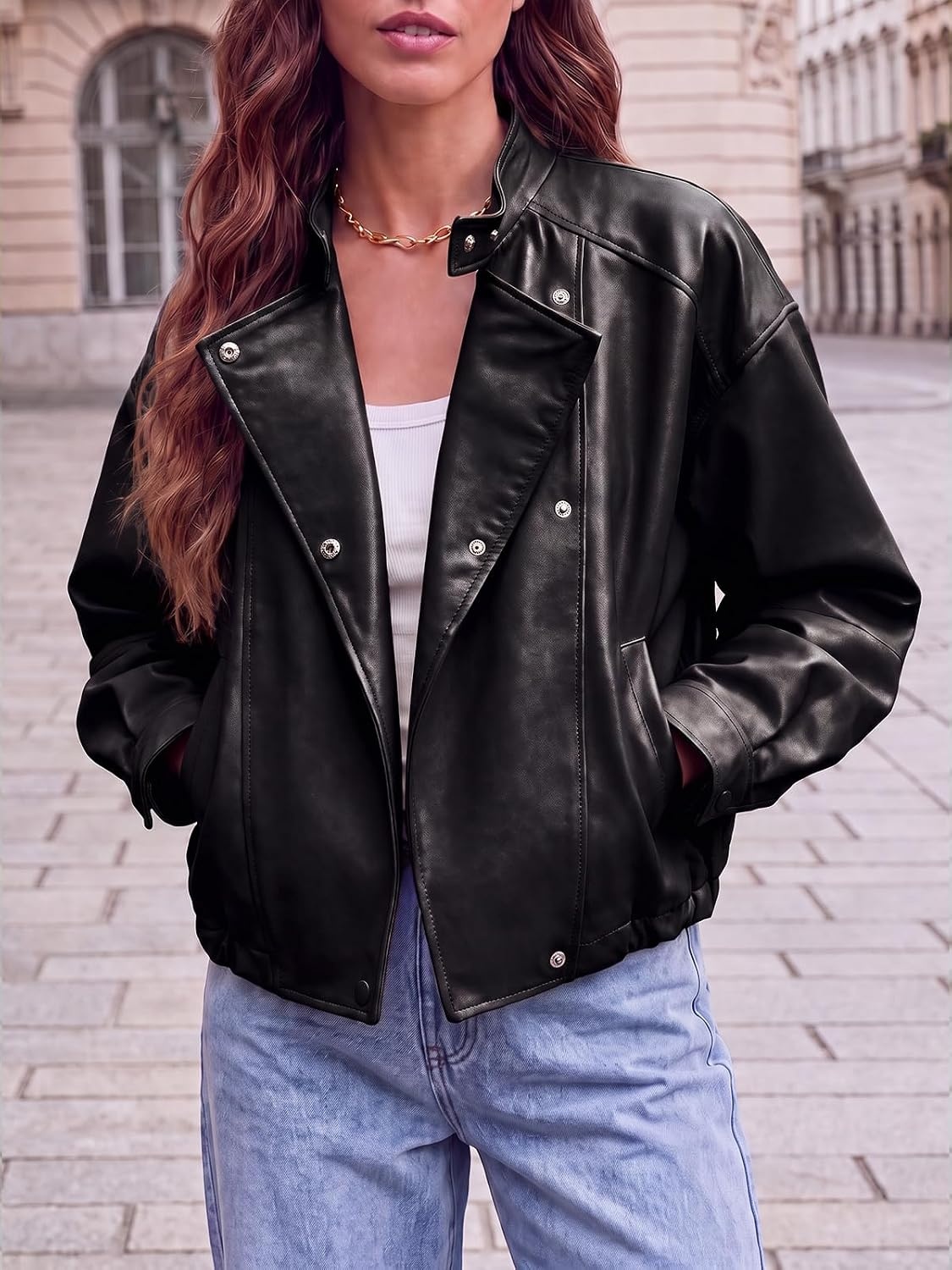 image:imageTankaneo Womens Oversized Faux Leather Jackets Motorcycle Cropped CoatsBlack
