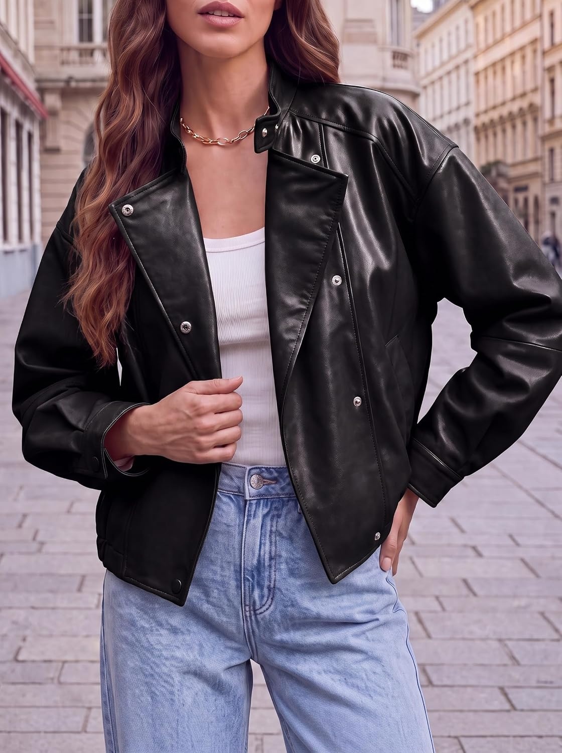 image:imageTankaneo Womens Oversized Faux Leather Jackets Motorcycle Cropped CoatsBlack