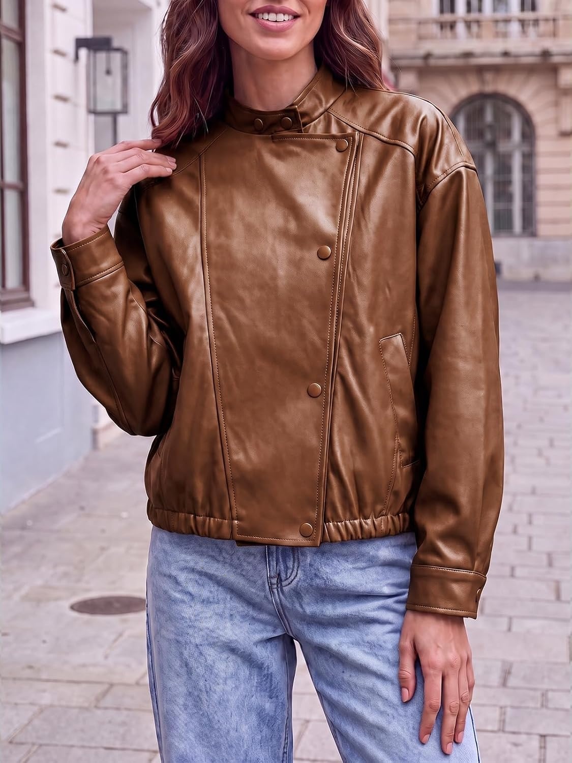 image:imageTankaneo Womens Oversized Faux Leather Jackets Motorcycle Cropped CoatsBrown