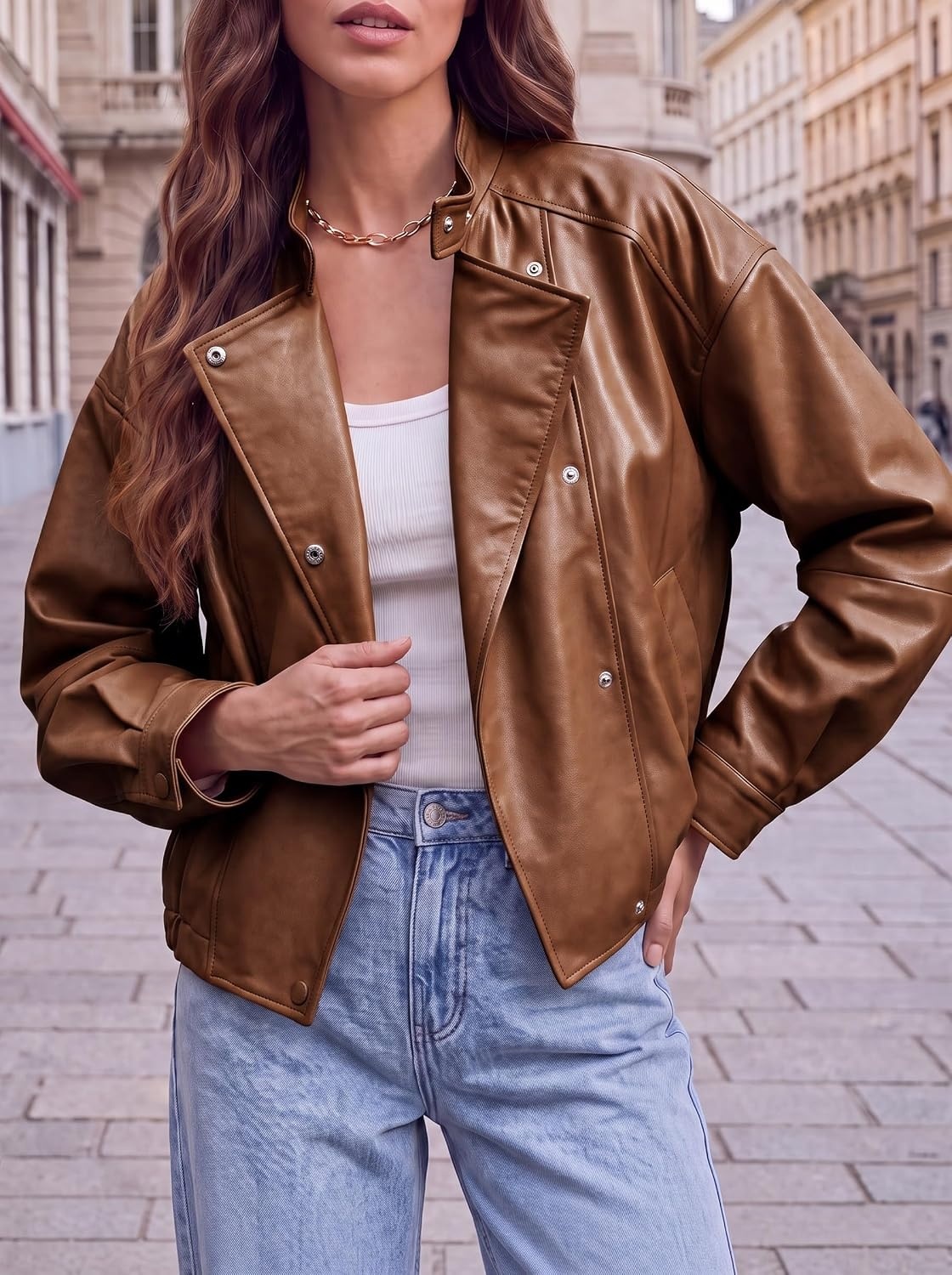 image:imageTankaneo Womens Oversized Faux Leather Jackets Motorcycle Cropped CoatsBrown