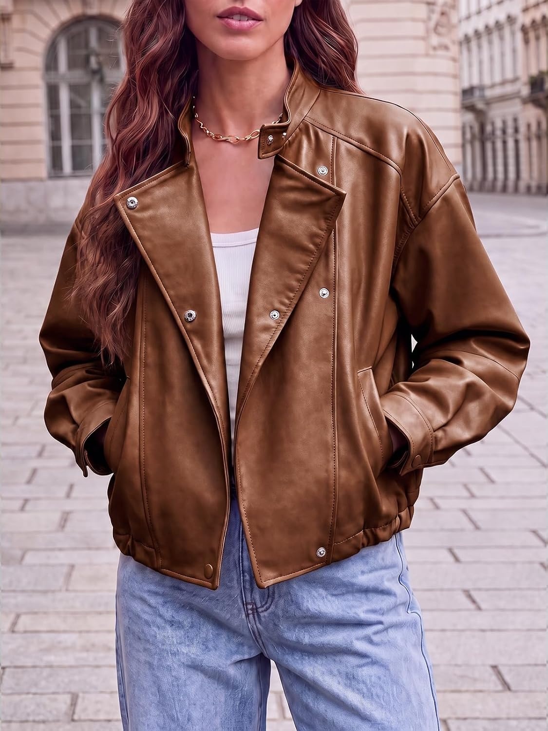 image:imageTankaneo Womens Oversized Faux Leather Jackets Motorcycle Cropped CoatsBrown