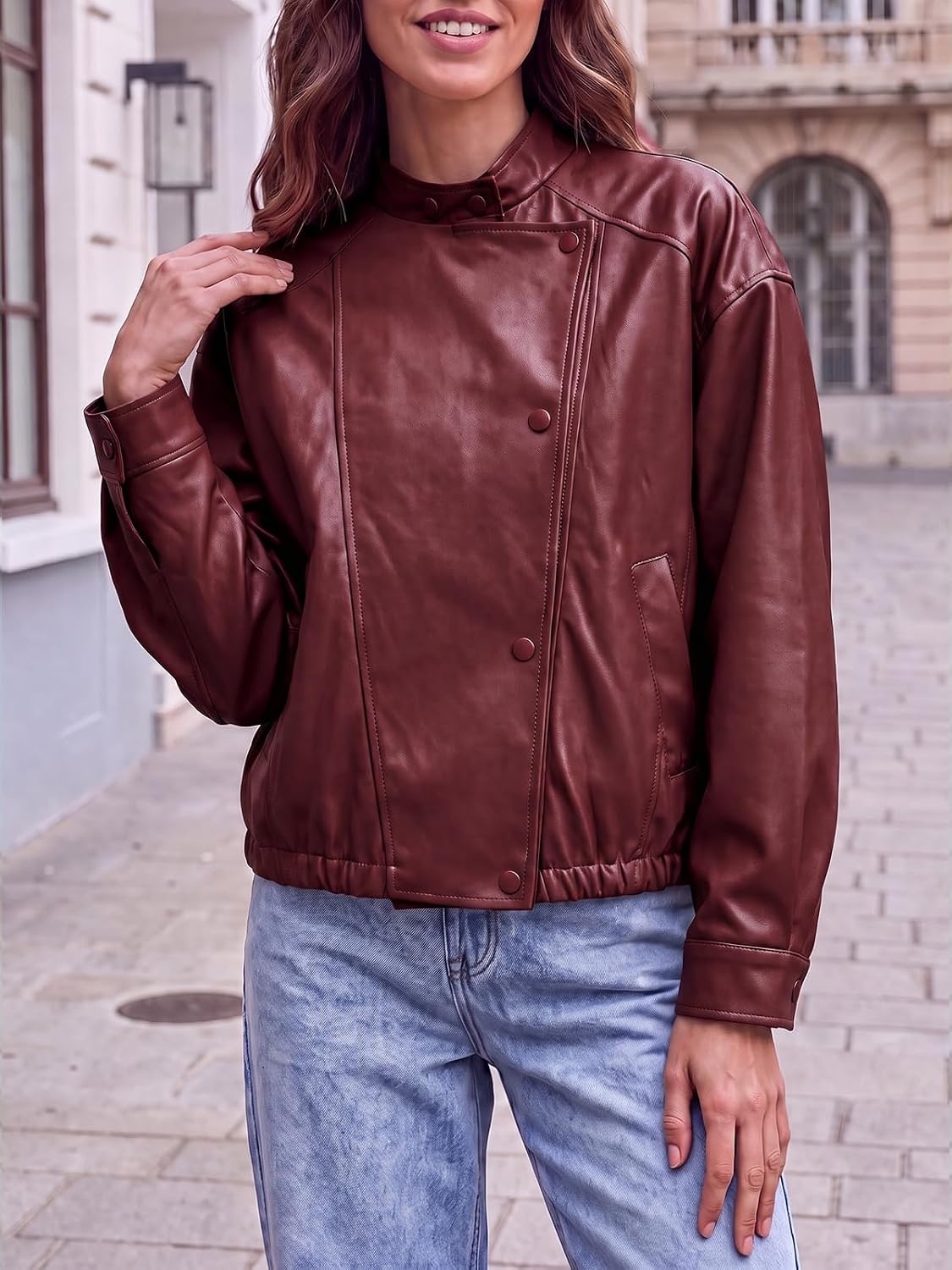 image:imageTankaneo Womens Oversized Faux Leather Jackets Motorcycle Cropped CoatsWine Red