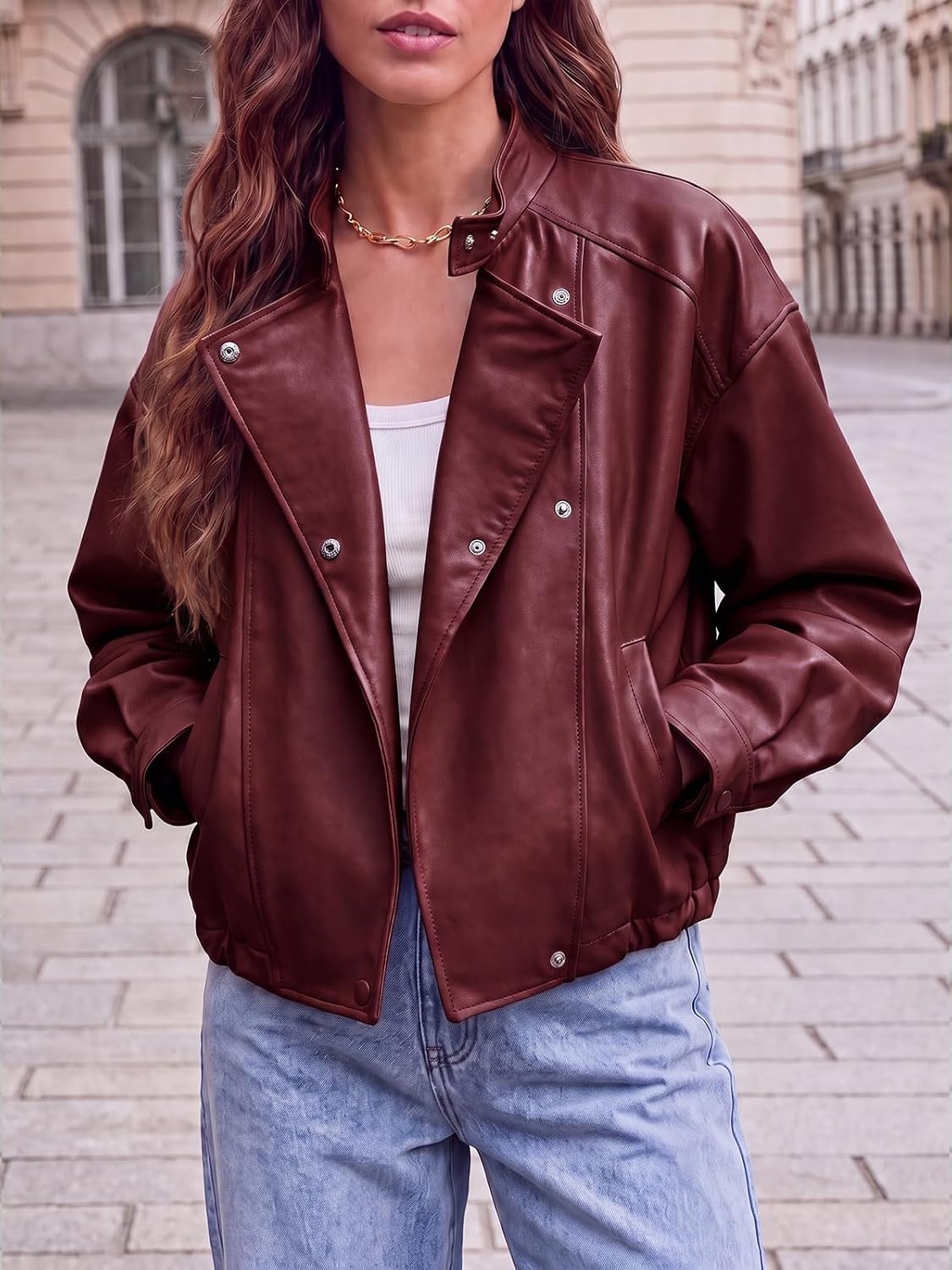 image:imageTankaneo Womens Oversized Faux Leather Jackets Motorcycle Cropped CoatsWine Red
