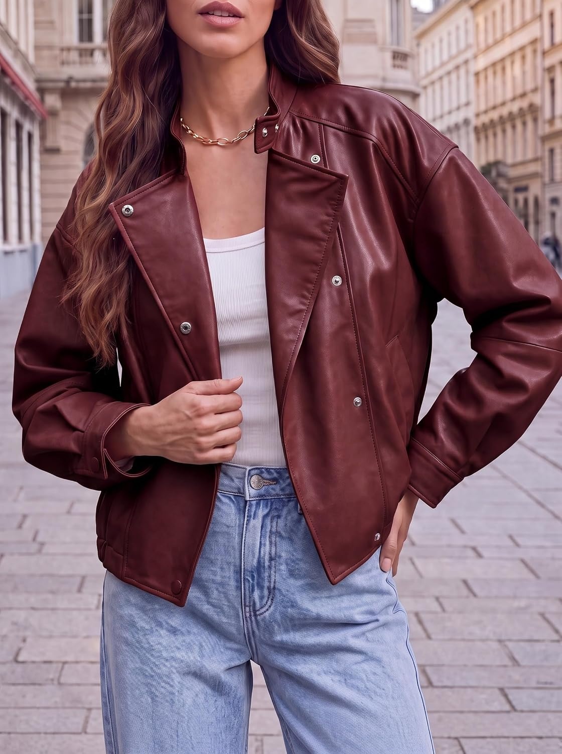 image:imageTankaneo Womens Oversized Faux Leather Jackets Motorcycle Cropped CoatsWine Red