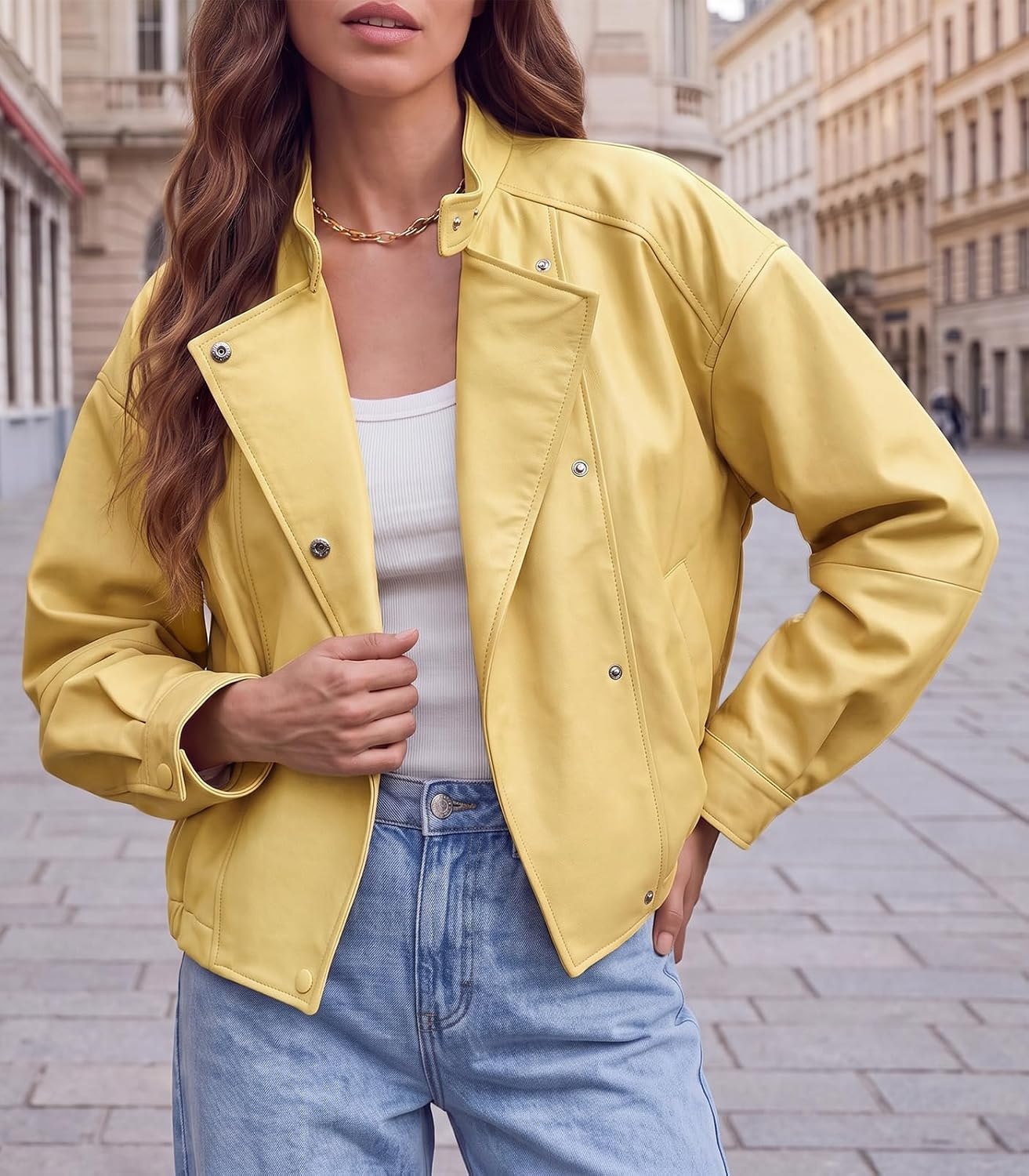 image:imageTankaneo Womens Oversized Faux Leather Jackets Motorcycle Cropped CoatsYellow