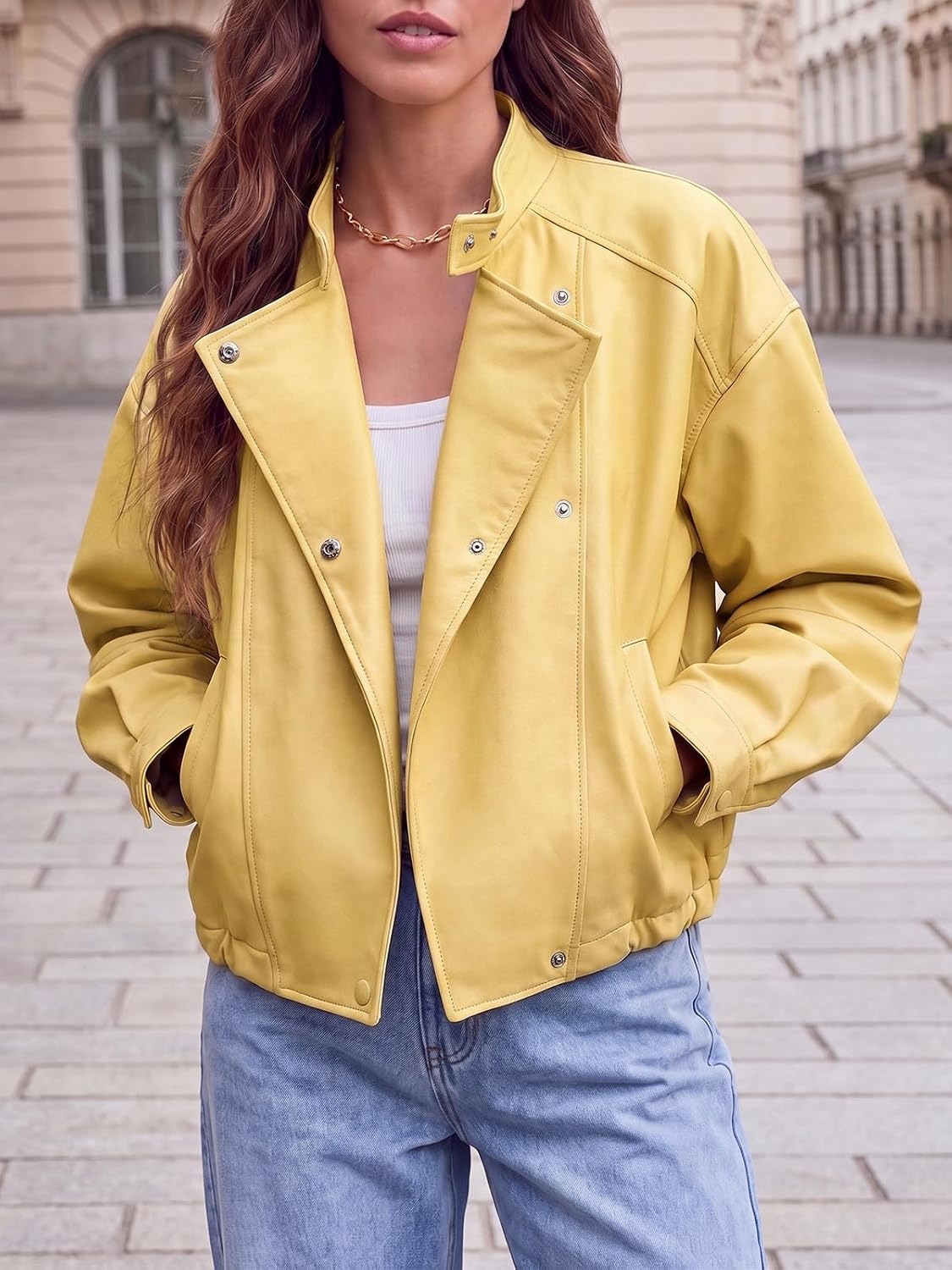 image:imageTankaneo Womens Oversized Faux Leather Jackets Motorcycle Cropped CoatsYellow