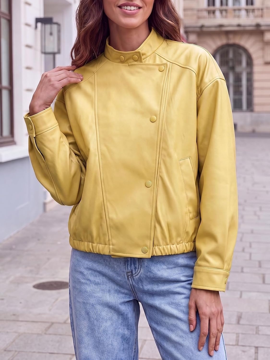 image:imageTankaneo Womens Oversized Faux Leather Jackets Motorcycle Cropped CoatsYellow