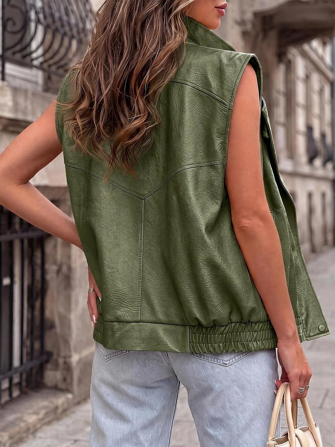 image:imageTankaneo Womens Oversized Faux Leather Vest Stand Collar Sleeveless JacketArmy Green