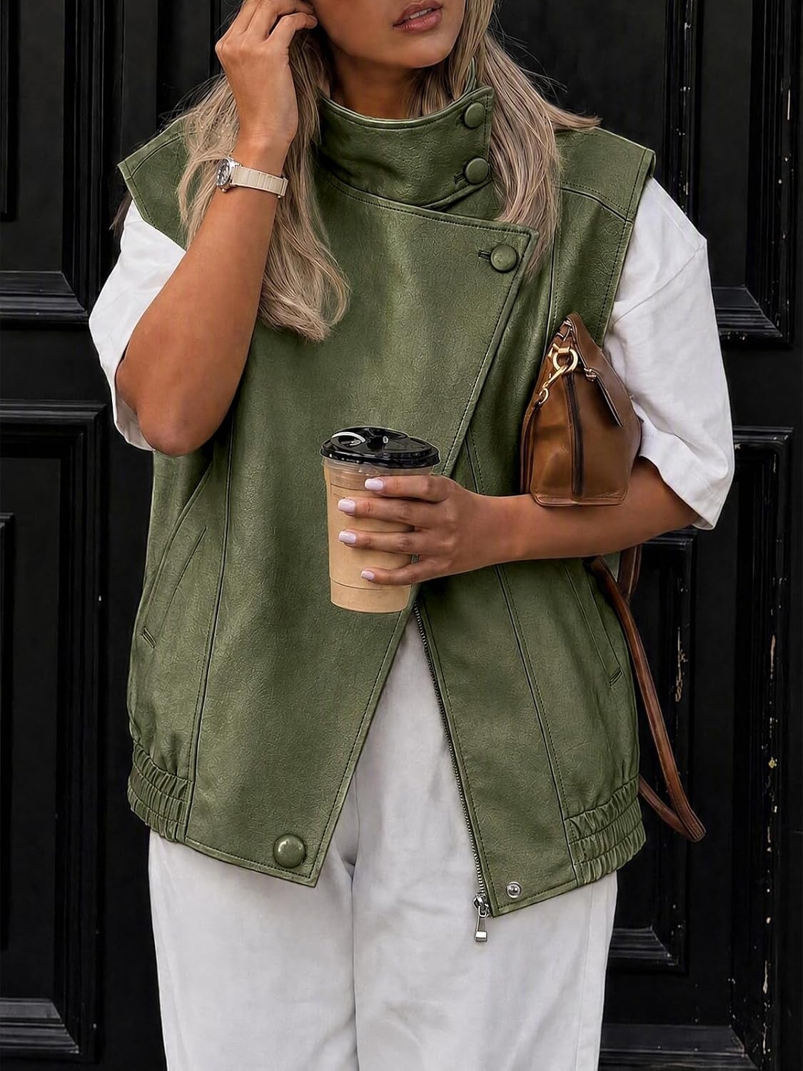 image:imageTankaneo Womens Oversized Faux Leather Vest Stand Collar Sleeveless JacketArmy Green
