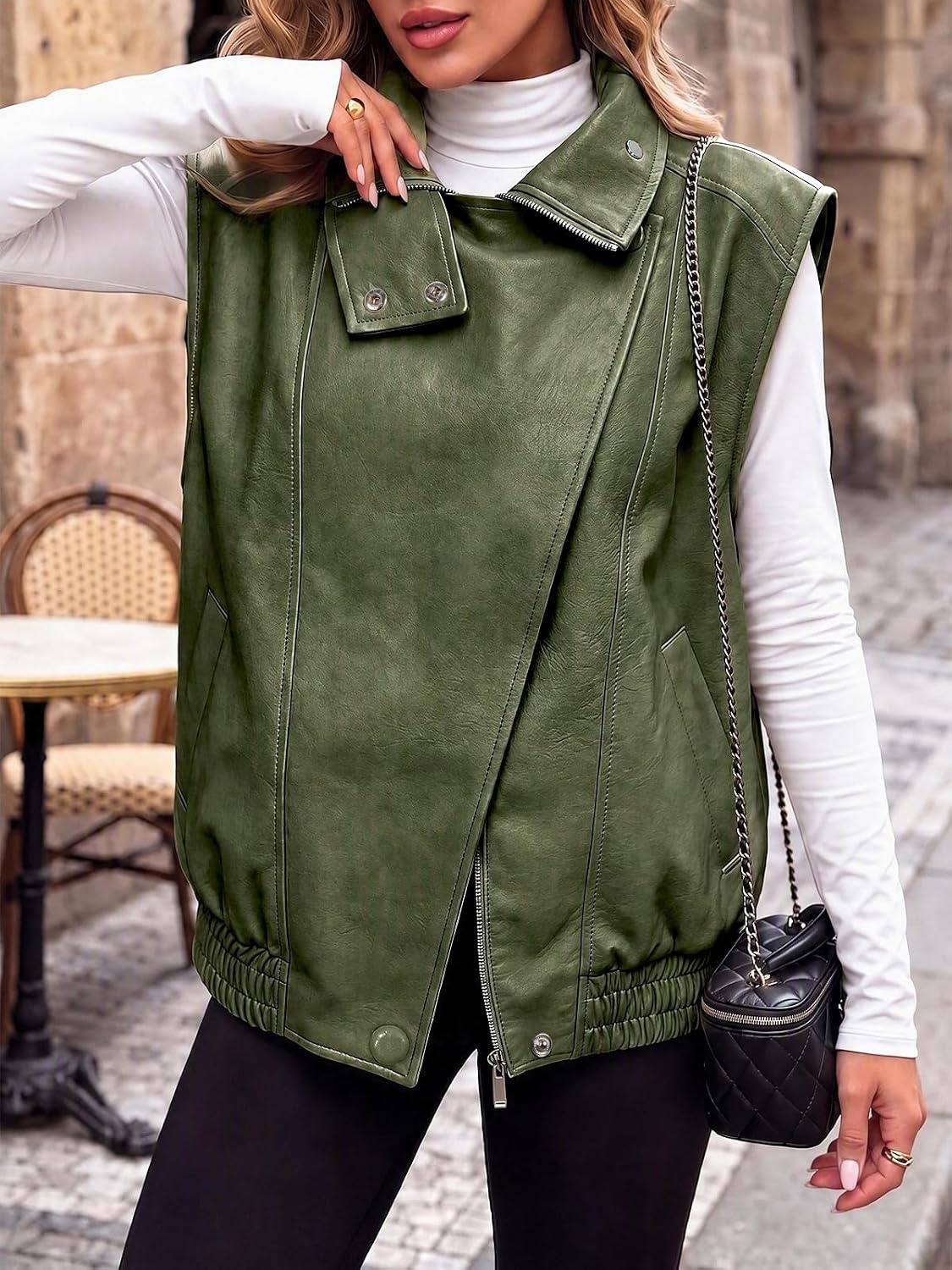 image:imageTankaneo Womens Oversized Faux Leather Vest Stand Collar Sleeveless JacketArmy Green