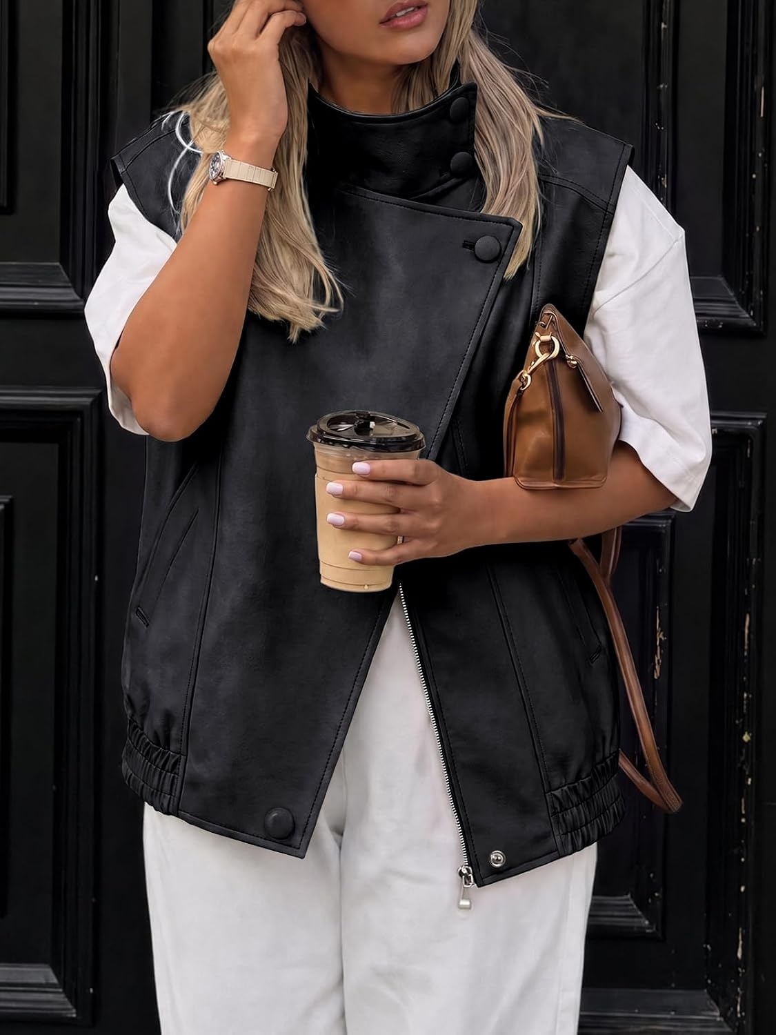 image:imageTankaneo Womens Oversized Faux Leather Vest Stand Collar Sleeveless JacketBlack