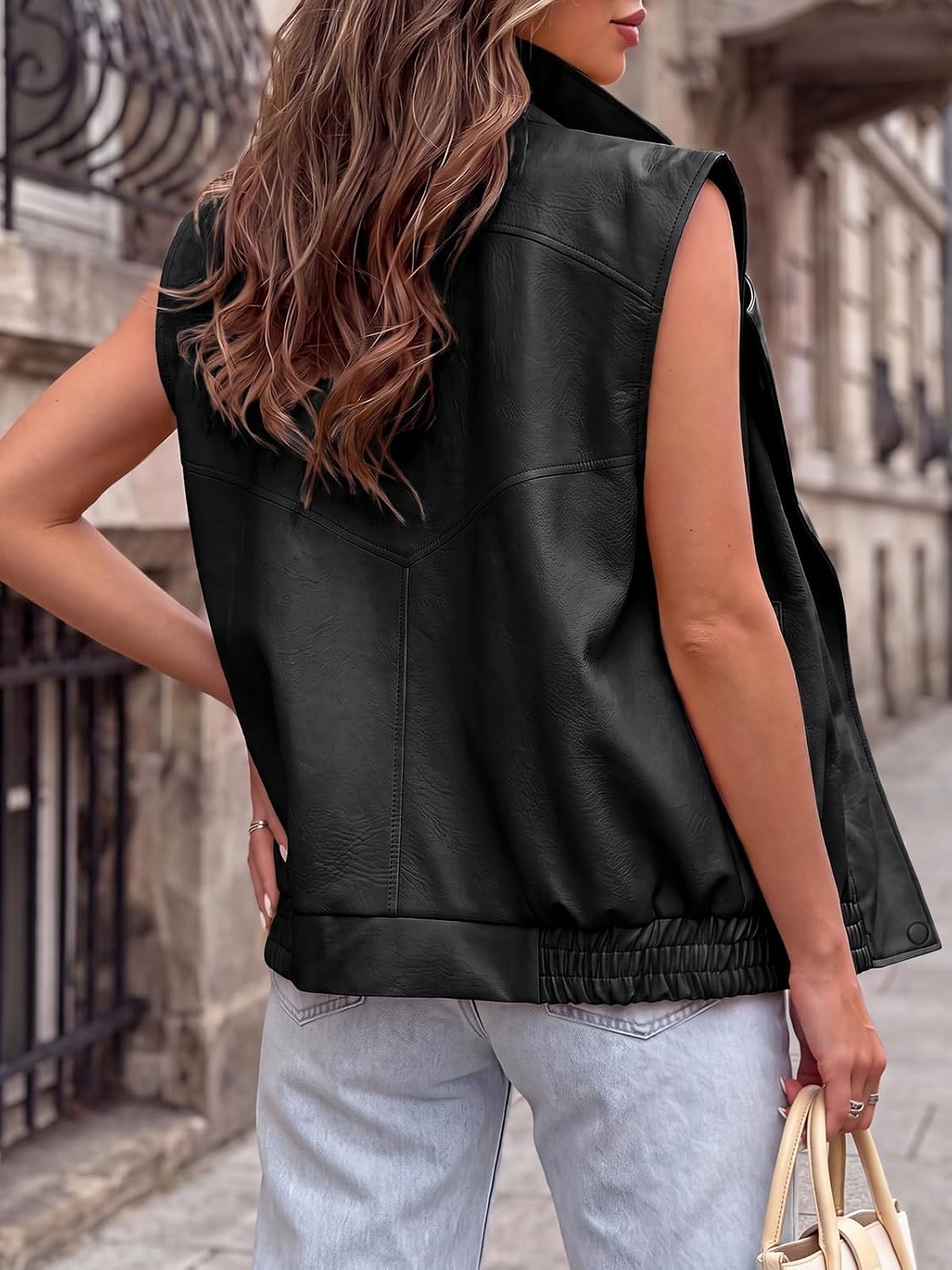 image:imageTankaneo Womens Oversized Faux Leather Vest Stand Collar Sleeveless JacketBlack