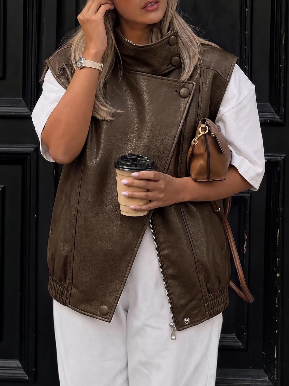 image:imageTankaneo Womens Oversized Faux Leather Vest Stand Collar Sleeveless JacketDark Brown