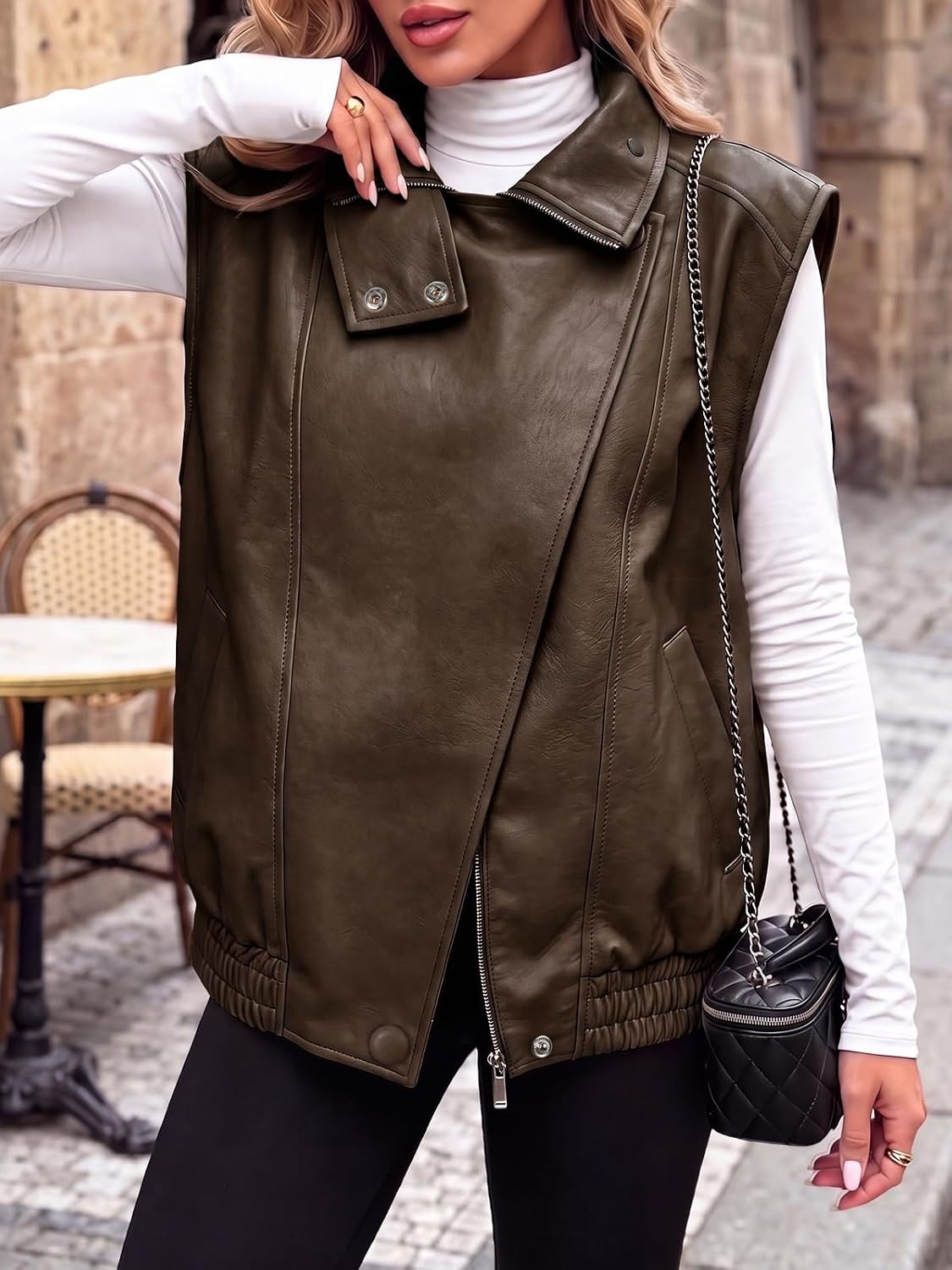 image:imageTankaneo Womens Oversized Faux Leather Vest Stand Collar Sleeveless JacketDark Brown