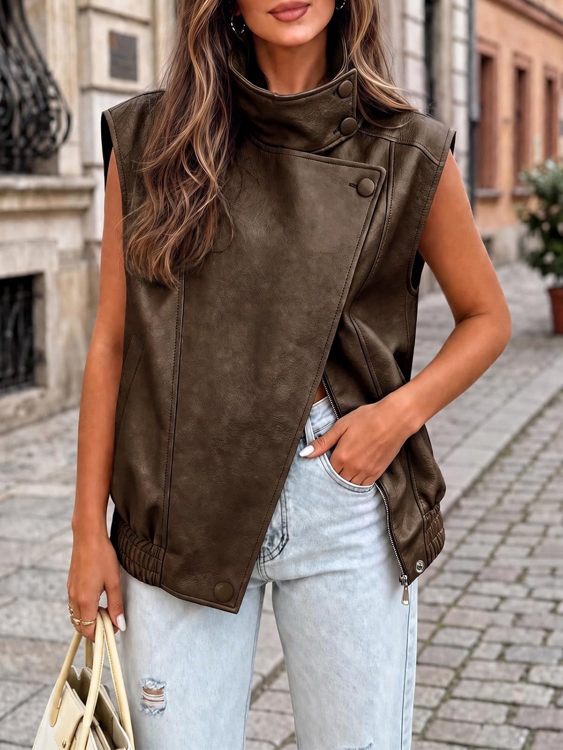 image:imageTankaneo Womens Oversized Faux Leather Vest Stand Collar Sleeveless JacketDark Brown