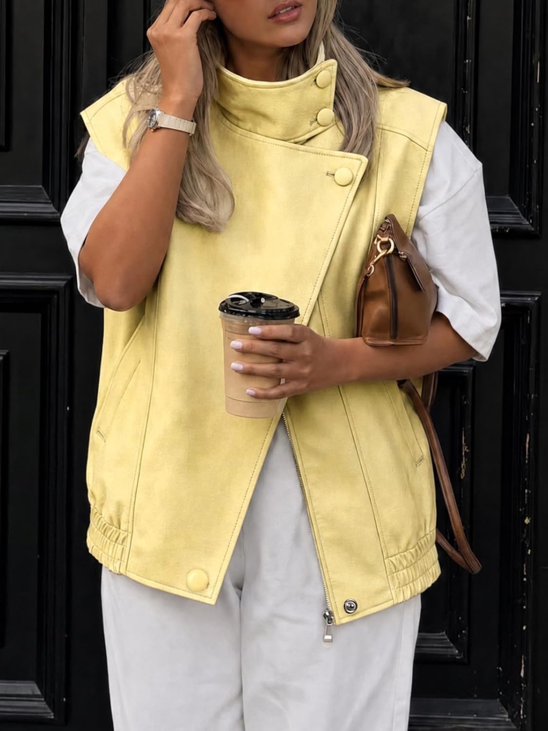 image:imageTankaneo Womens Oversized Faux Leather Vest Stand Collar Sleeveless JacketLight Yellow