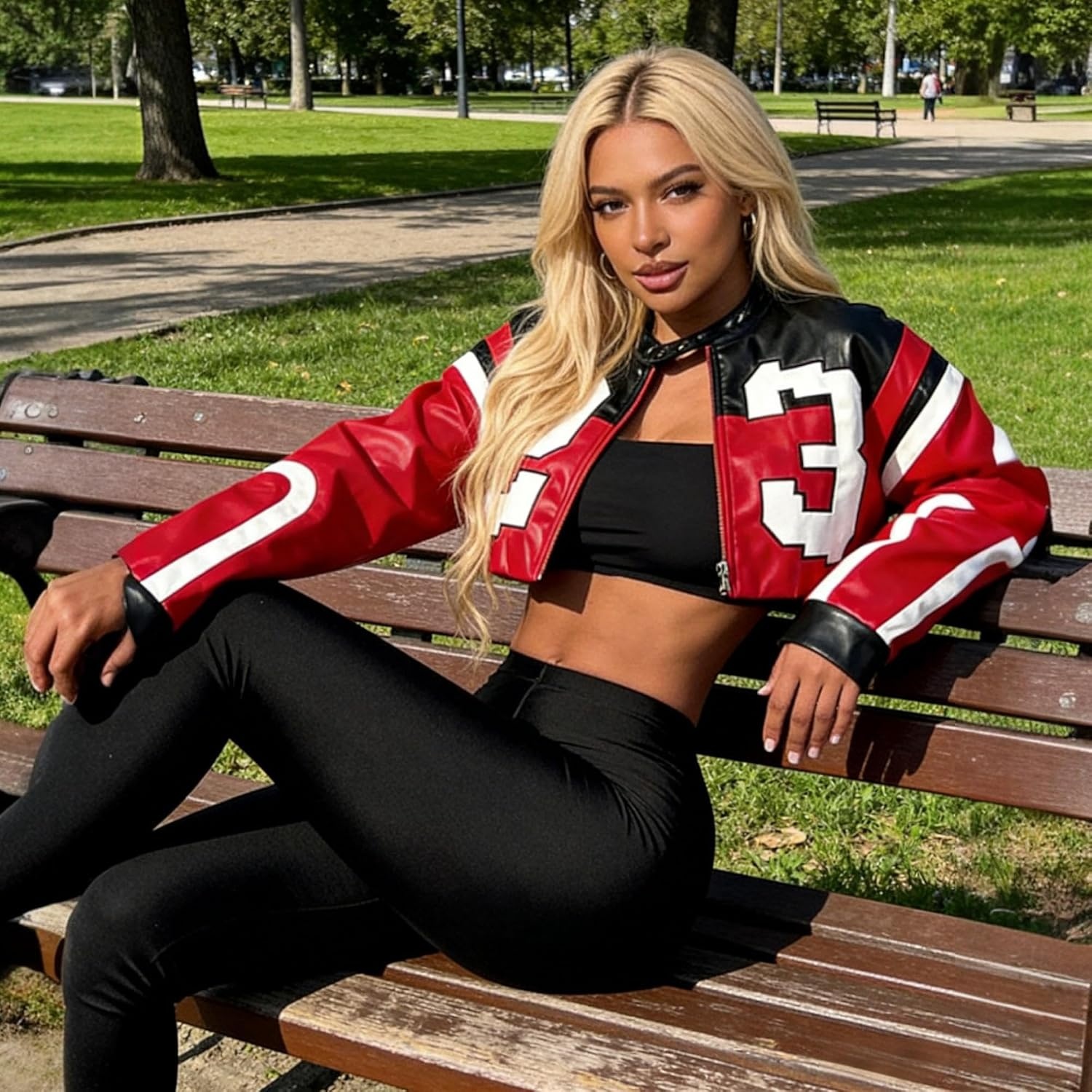 image:imageWomens Faux Leather Jacket Zip Up Cropped Bomber Jacket for Women Moto Motorcycle Jacket Winter OuterwearRed
