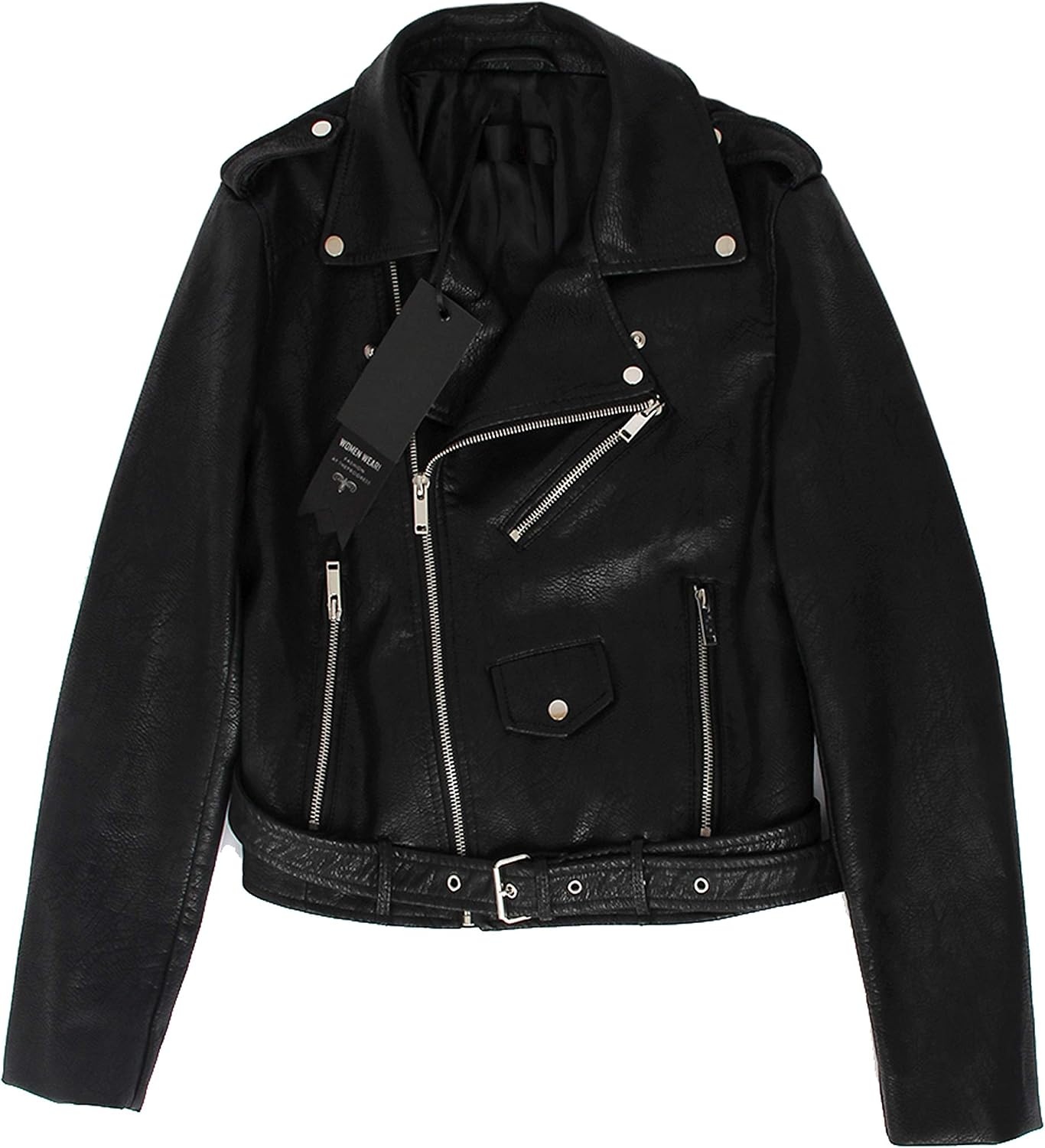 image:imageWomens Faux Leather Textured Short Moto Jacket Zipup Slim PU Biker Coat with PocketsBlack