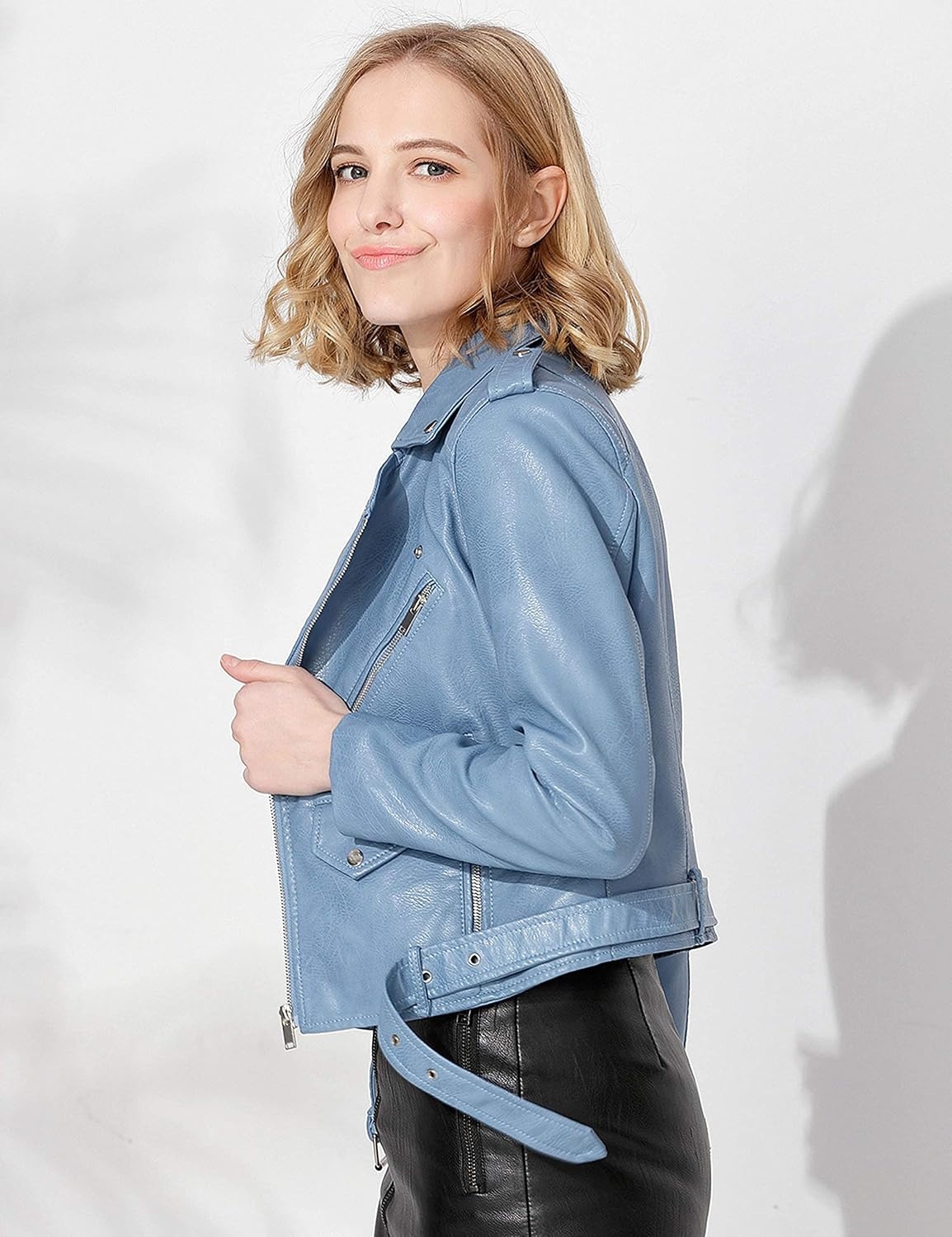 image:imageWomens Faux Leather Textured Short Moto Jacket Zipup Slim PU Biker Coat with PocketsLight Blue