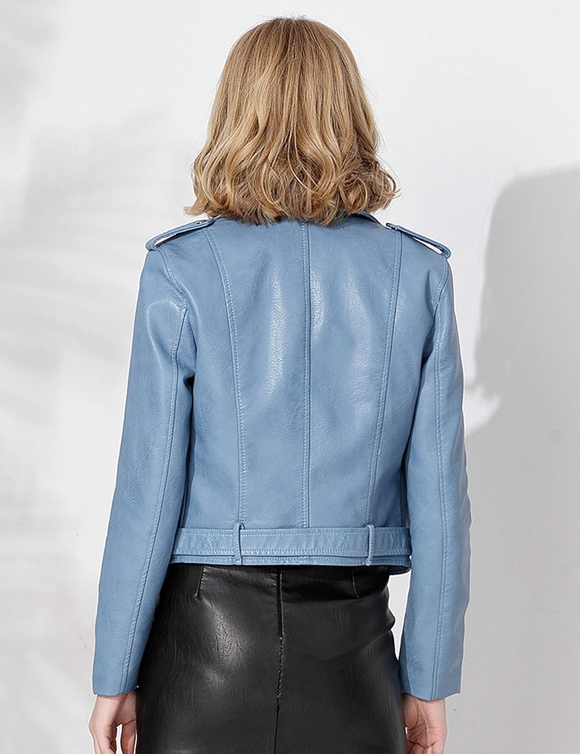 image:imageWomens Faux Leather Textured Short Moto Jacket Zipup Slim PU Biker Coat with PocketsLight Blue