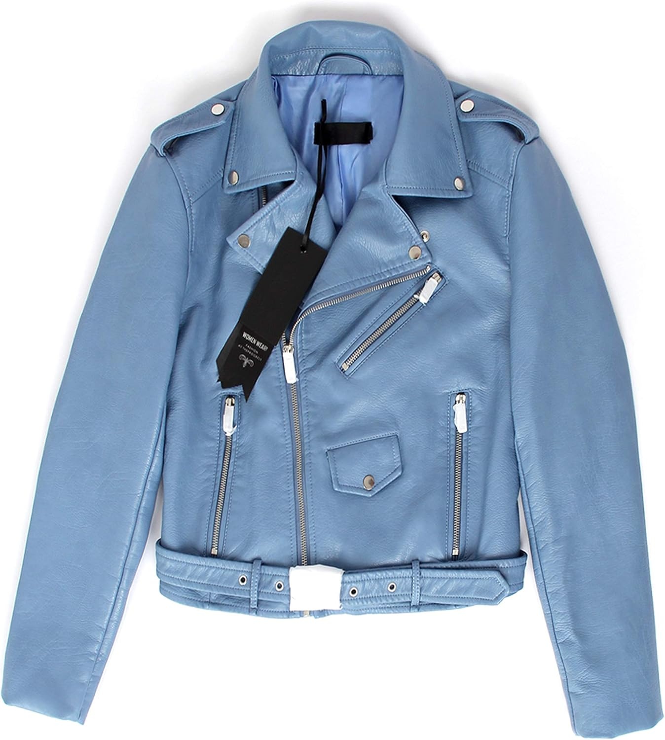 image:imageWomens Faux Leather Textured Short Moto Jacket Zipup Slim PU Biker Coat with PocketsLight Blue