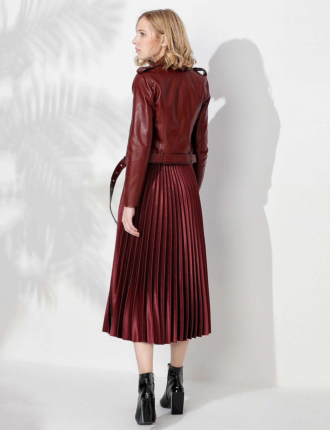 image:imageWomens Faux Leather Textured Short Moto Jacket Zipup Slim PU Biker Coat with PocketsWine