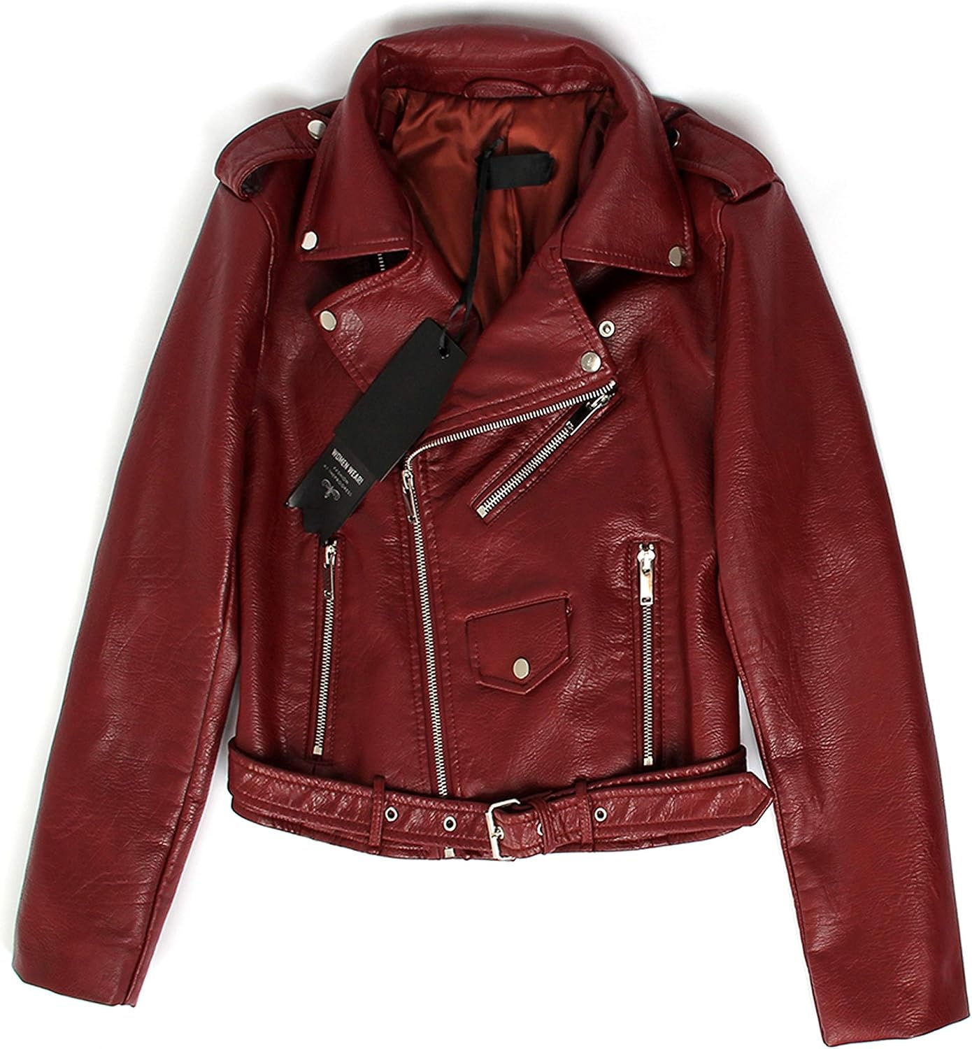 image:imageWomens Faux Leather Textured Short Moto Jacket Zipup Slim PU Biker Coat with PocketsWine