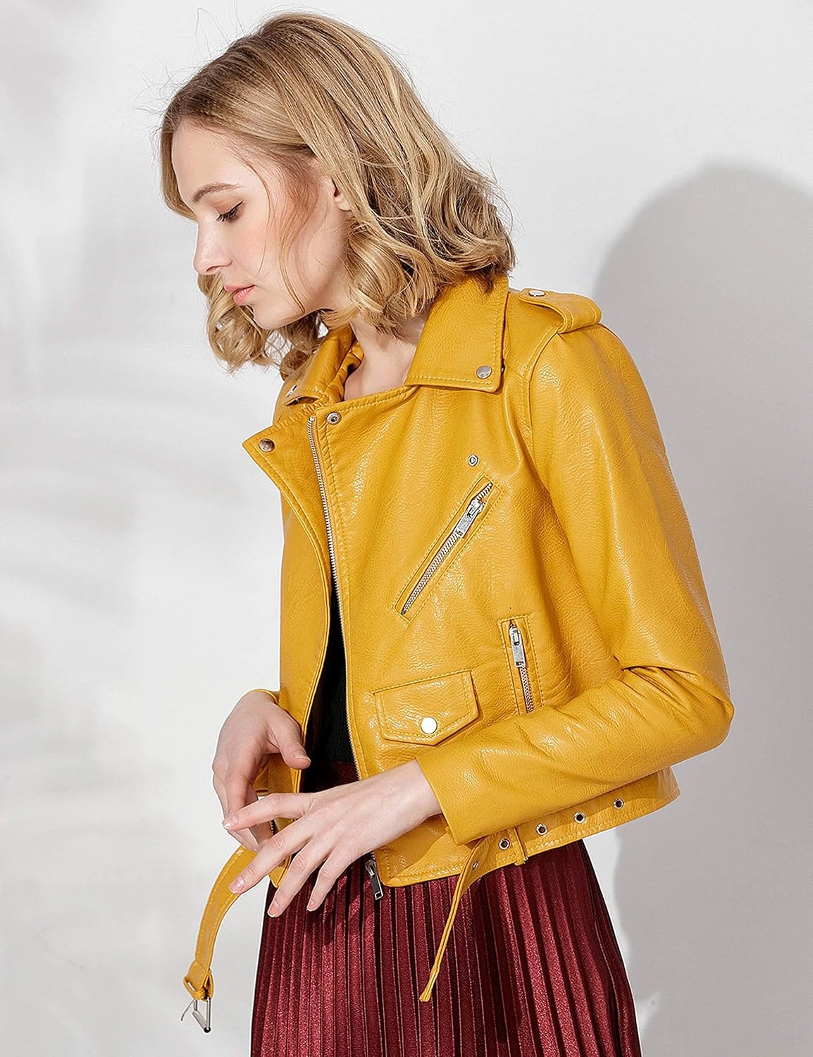 image:imageWomens Faux Leather Textured Short Moto Jacket Zipup Slim PU Biker Coat with PocketsYellow