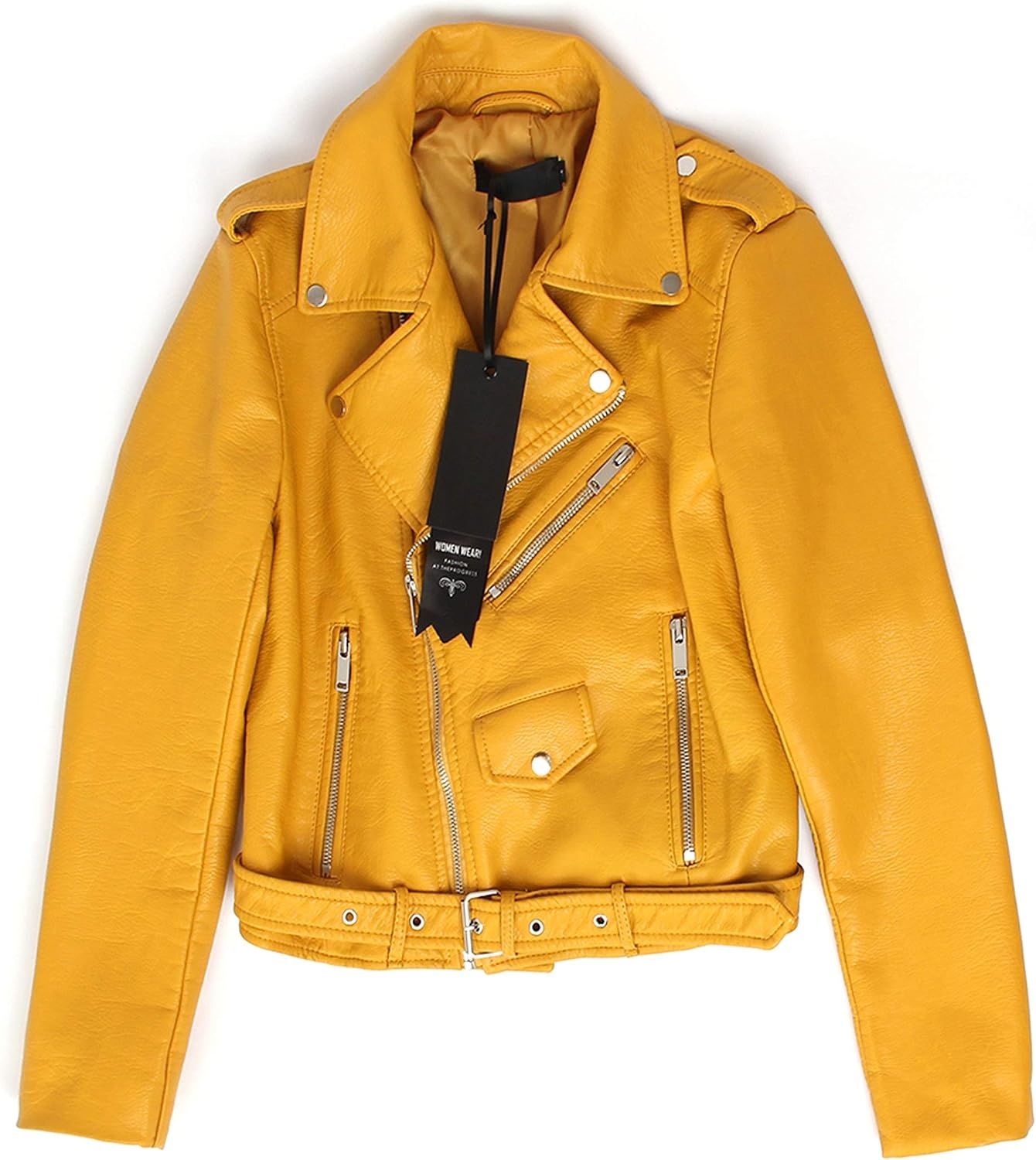 image:imageWomens Faux Leather Textured Short Moto Jacket Zipup Slim PU Biker Coat with PocketsYellow