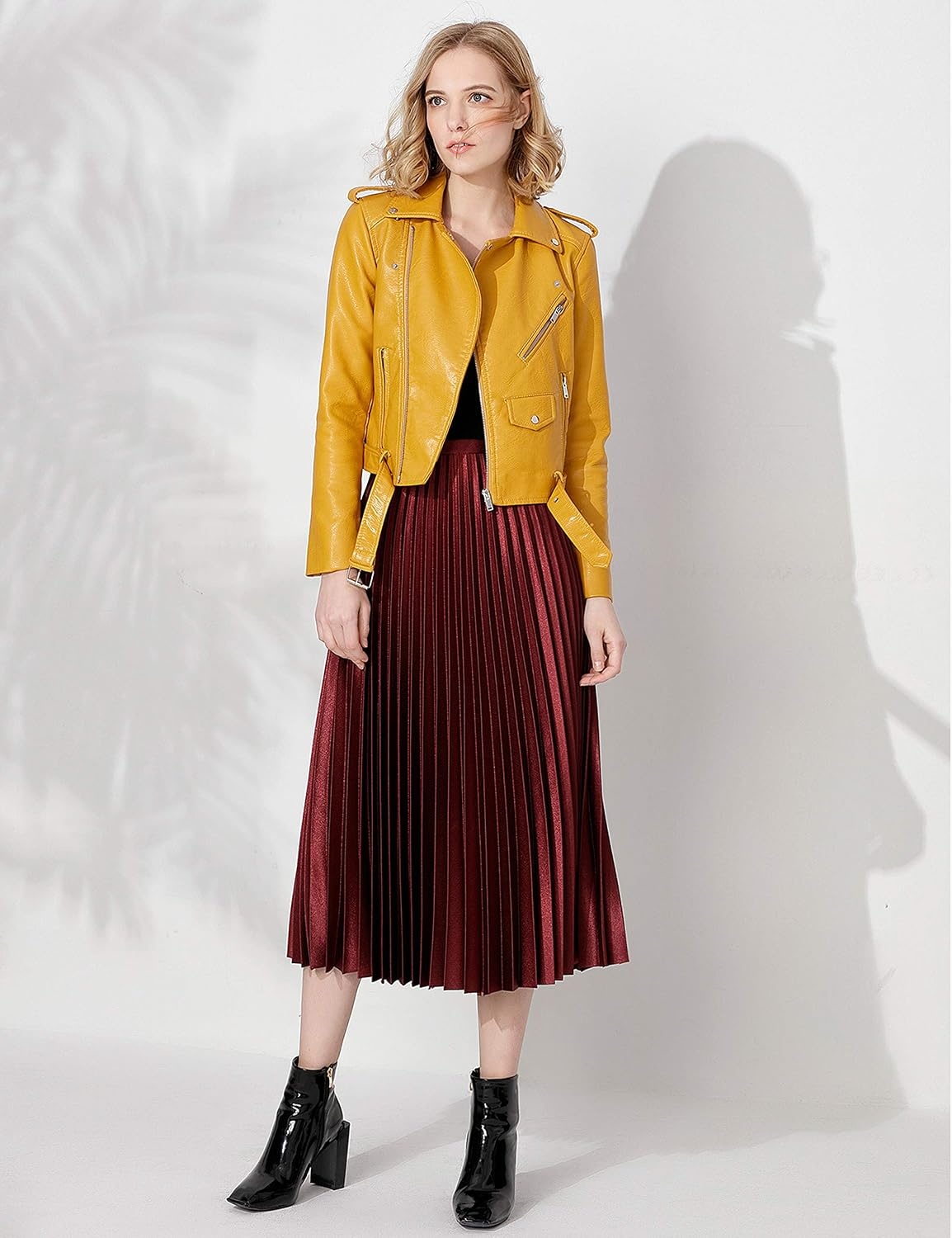 image:imageWomens Faux Leather Textured Short Moto Jacket Zipup Slim PU Biker Coat with PocketsYellow