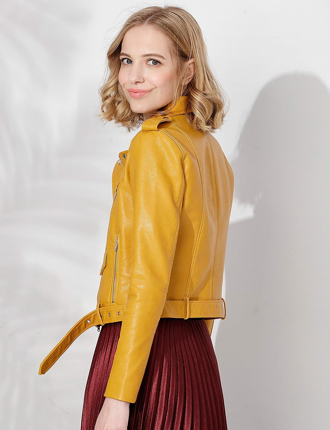 image:imageWomens Faux Leather Textured Short Moto Jacket Zipup Slim PU Biker Coat with PocketsYellow