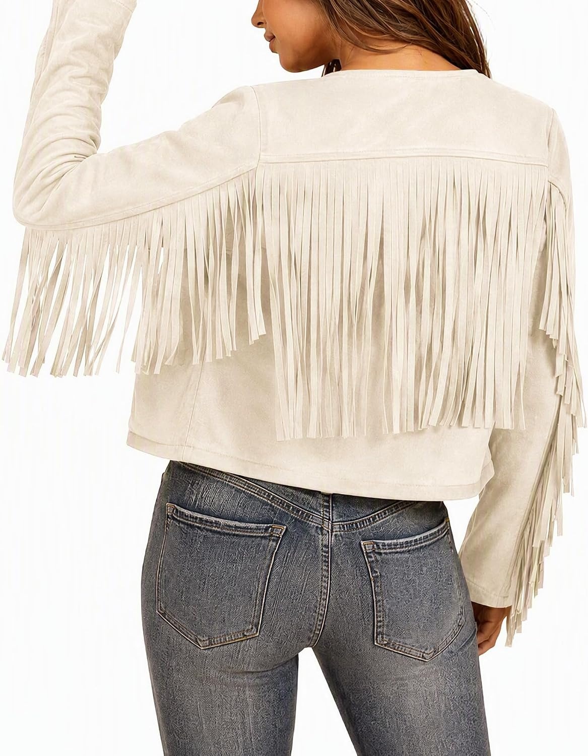 image:imageWomens Faux Suede Fringe Jacket Fall Cropped Coats Cowgirl OutfitsBeige