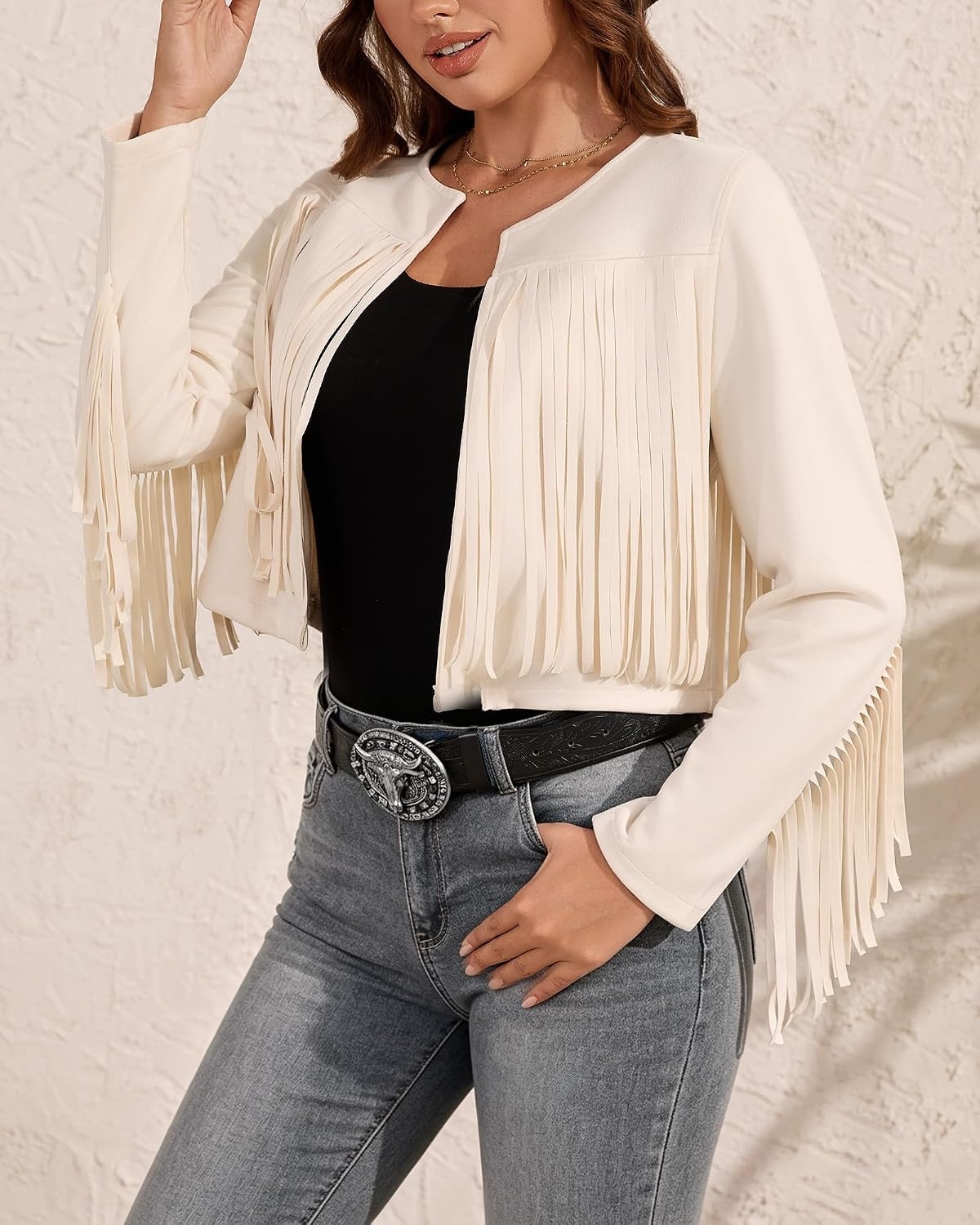 image:imageWomens Faux Suede Fringe Jacket Fall Cropped Coats Cowgirl OutfitsBeige