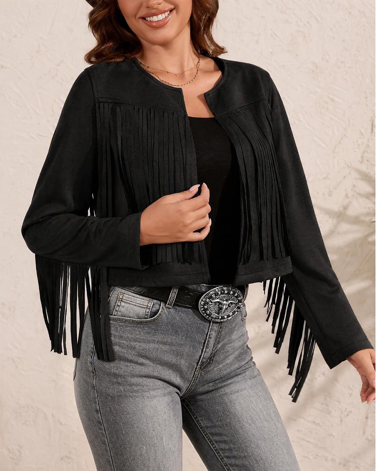 image:imageWomens Faux Suede Fringe Jacket Fall Cropped Coats Cowgirl OutfitsBlack